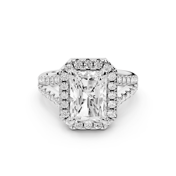 Gabrielle - 3ct platinum emerald Diamond Graduated Halo Pavé Split Shank Engagement Ring - Mr. Alex Jewelry
