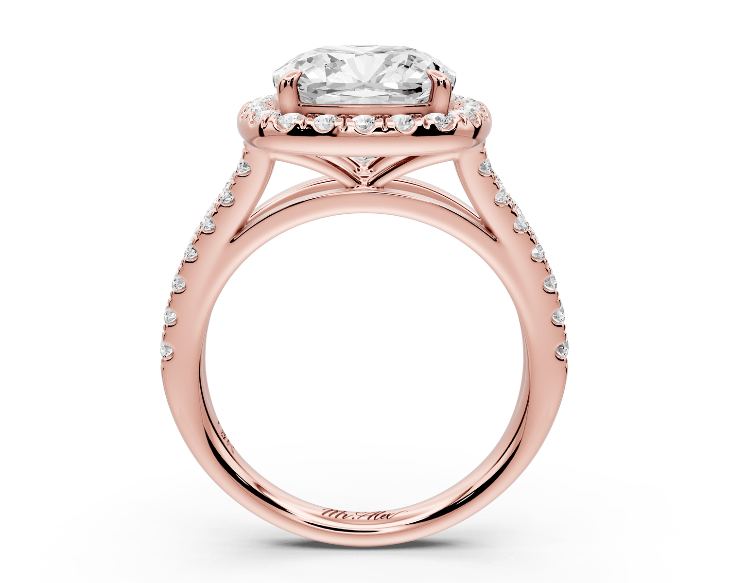 Gabrielle - 4ct 14k rose gold cushion Diamond Graduated Halo Pavé Split Shank Engagement Ring - Mr. Alex Jewelry