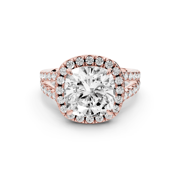 Gabrielle - 4ct 14k rose gold cushion Diamond Graduated Halo Pavé Split Shank Engagement Ring - Mr. Alex Jewelry