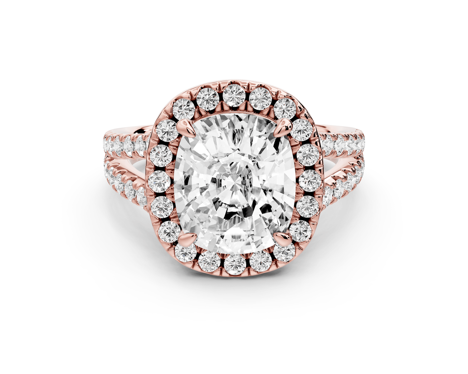 Gabrielle - 4ct 14k rose gold ecushion Diamond Graduated Halo Pavé Split Shank Engagement Ring - Mr. Alex Jewelry