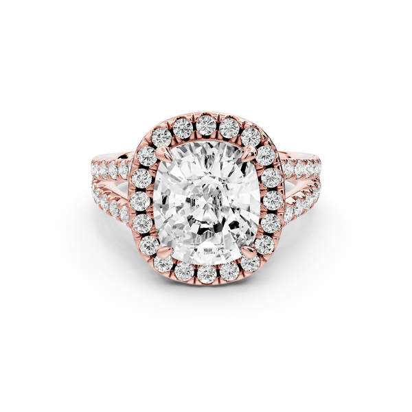 Gabrielle - 4ct 14k rose gold ecushion Diamond Graduated Halo Pavé Split Shank Engagement Ring - Mr. Alex Jewelry