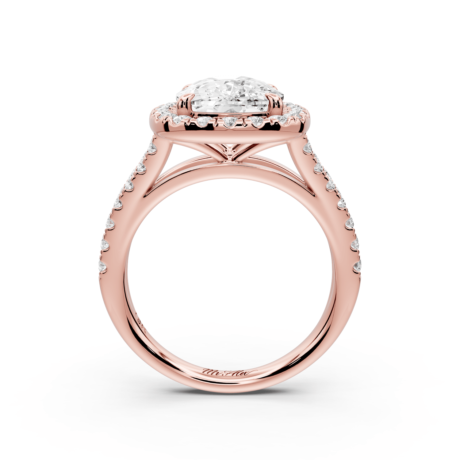 Gabrielle - 4ct 14k rose gold ecushion Diamond Graduated Halo Pavé Split Shank Engagement Ring - Mr. Alex Jewelry
