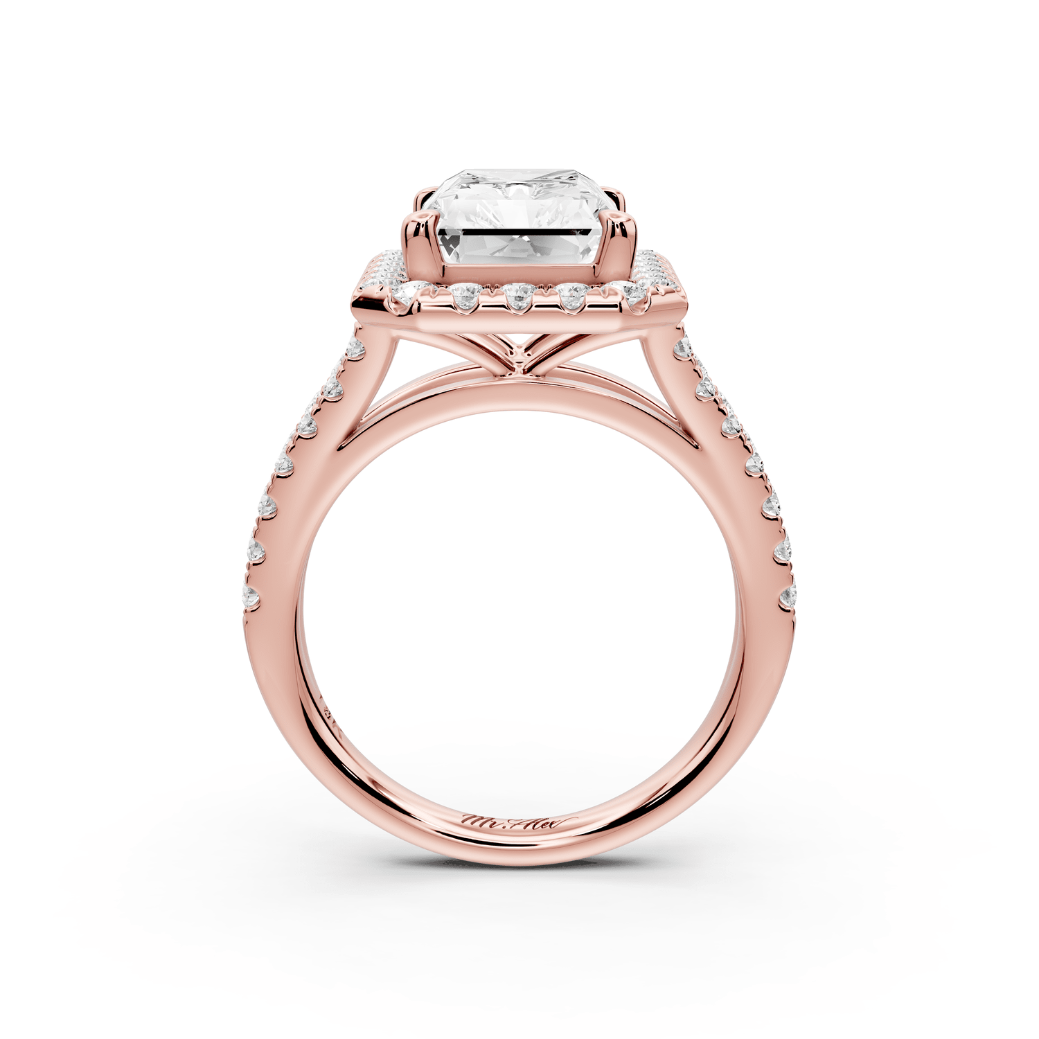 Gabrielle - 4ct 14k rose gold radiant Diamond Graduated Halo Pavé Split Shank Engagement Ring - Mr. Alex Jewelry