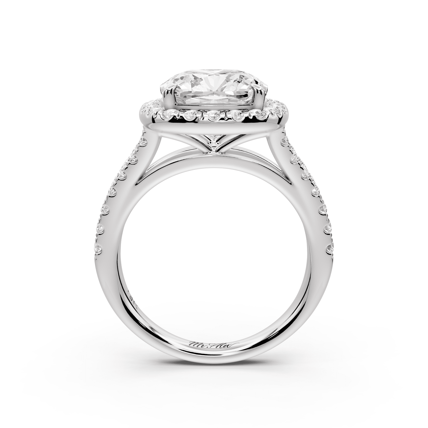 Gabrielle - 4ct 14k white gold cushion Diamond Graduated Halo Pavé Split Shank Engagement Ring - Mr. Alex Jewelry