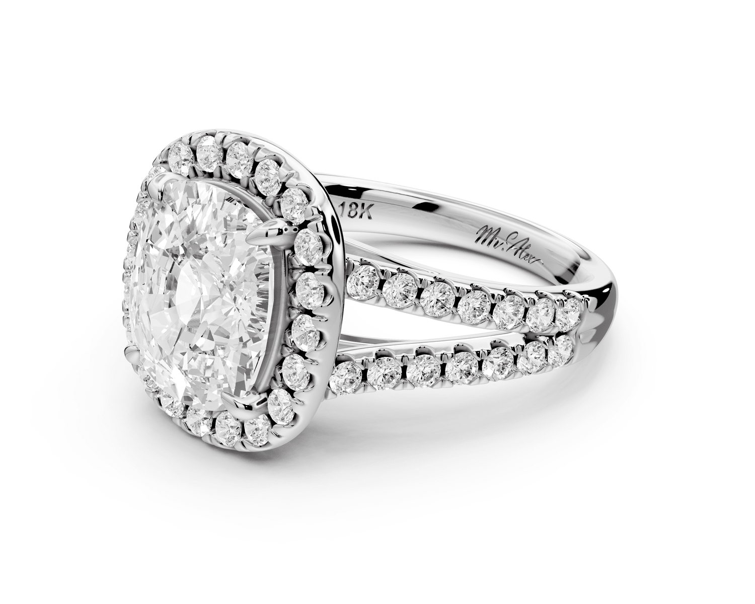 Gabrielle - 4ct 14k white gold ecushion Diamond Graduated Halo Pavé Split Shank Engagement Ring - Mr. Alex Jewelry