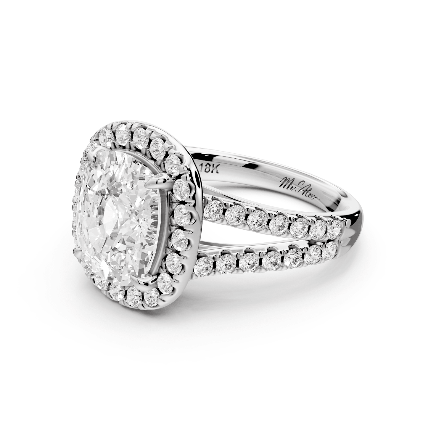 Gabrielle - 4ct 14k white gold ecushion Diamond Graduated Halo Pavé Split Shank Engagement Ring - Mr. Alex Jewelry