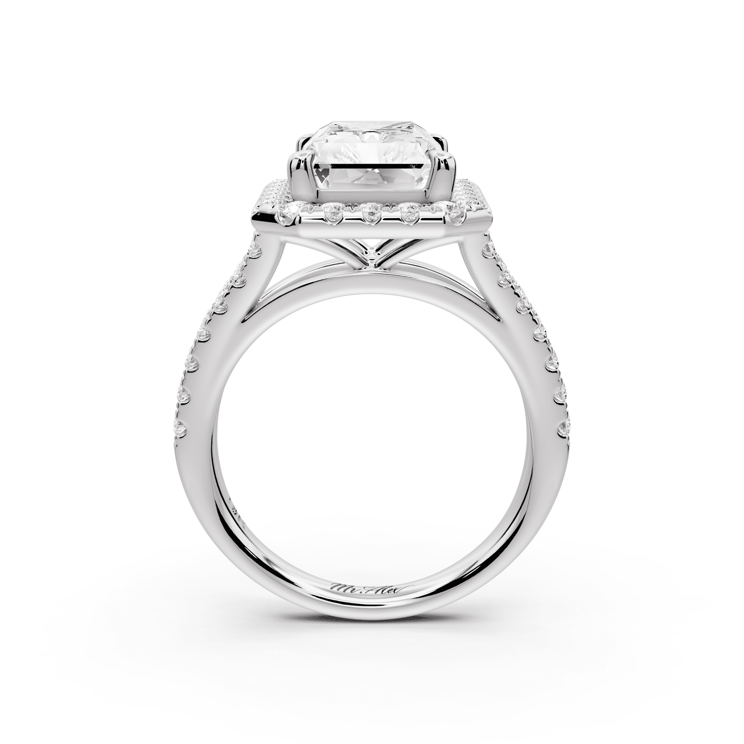 Gabrielle - 4ct 14k white gold radiant Diamond Graduated Halo Pavé Split Shank Engagement Ring - Mr. Alex Jewelry