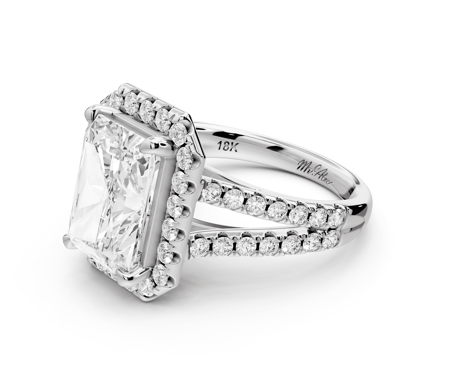 Gabrielle - 4ct 14k white gold radiant Diamond Graduated Halo Pavé Split Shank Engagement Ring - Mr. Alex Jewelry