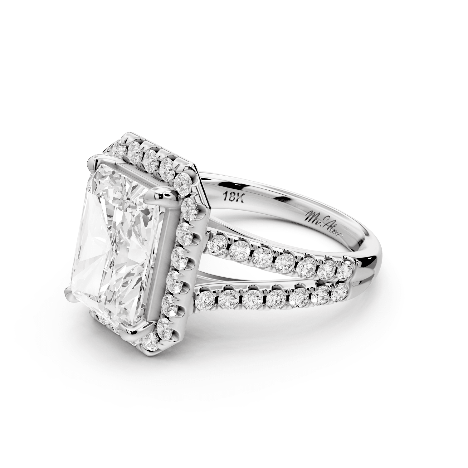 Gabrielle - 4ct 14k white gold radiant Diamond Graduated Halo Pavé Split Shank Engagement Ring - Mr. Alex Jewelry