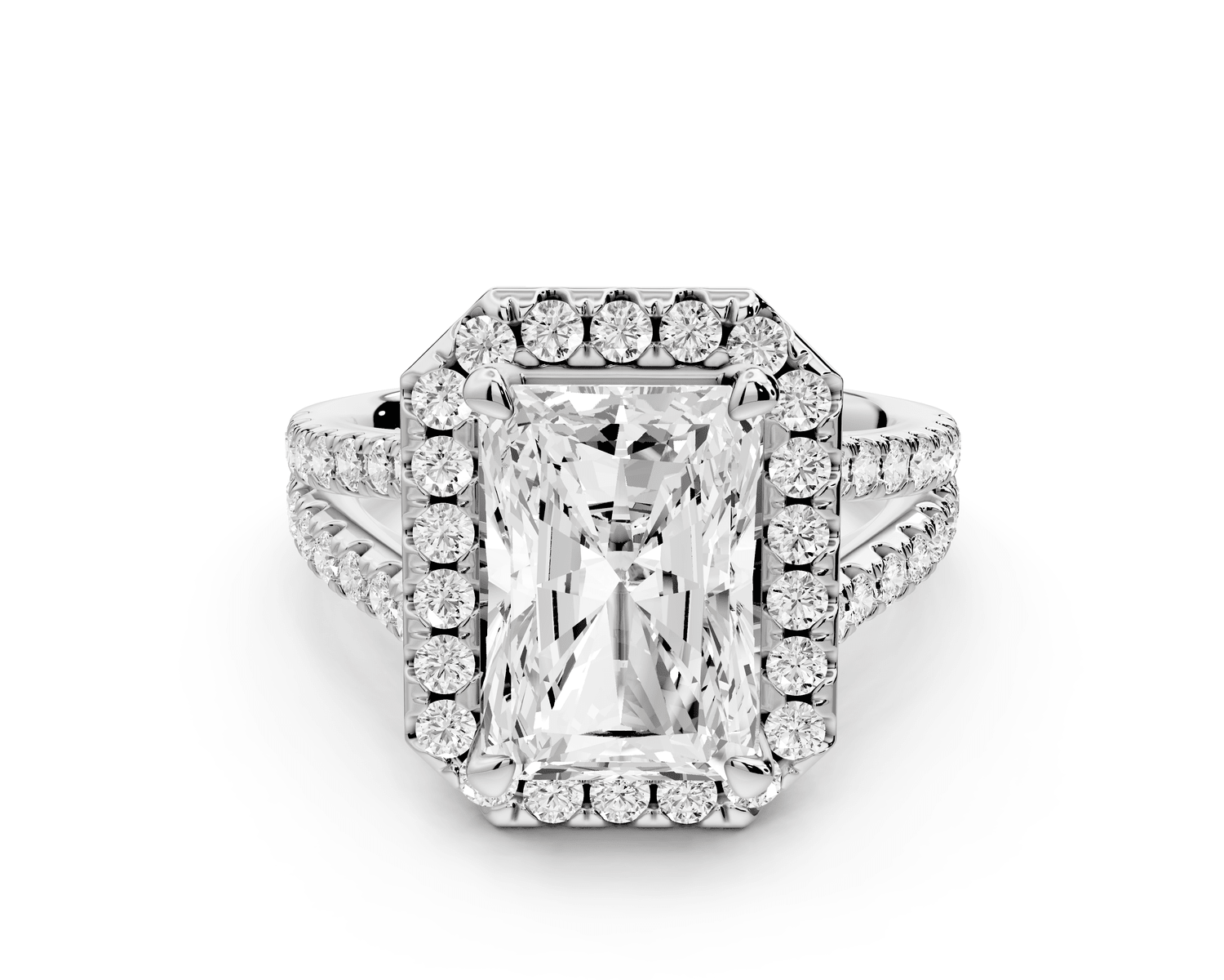 Gabrielle - 4ct 14k white gold radiant Diamond Graduated Halo Pavé Split Shank Engagement Ring - Mr. Alex Jewelry
