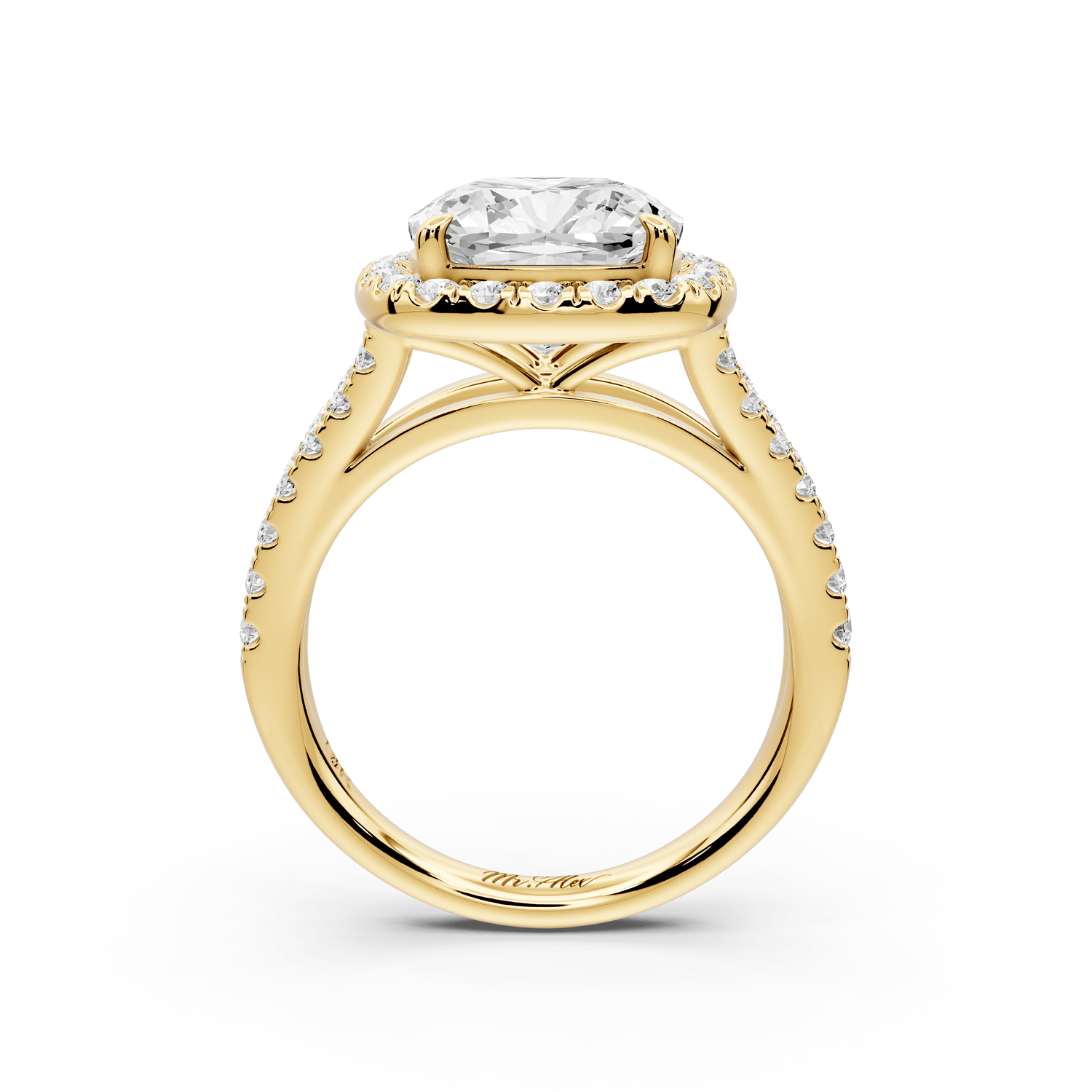 Gabrielle - 4ct 14k yellow gold cushion Diamond Graduated Halo Pavé Split Shank Engagement Ring - Mr. Alex Jewelry