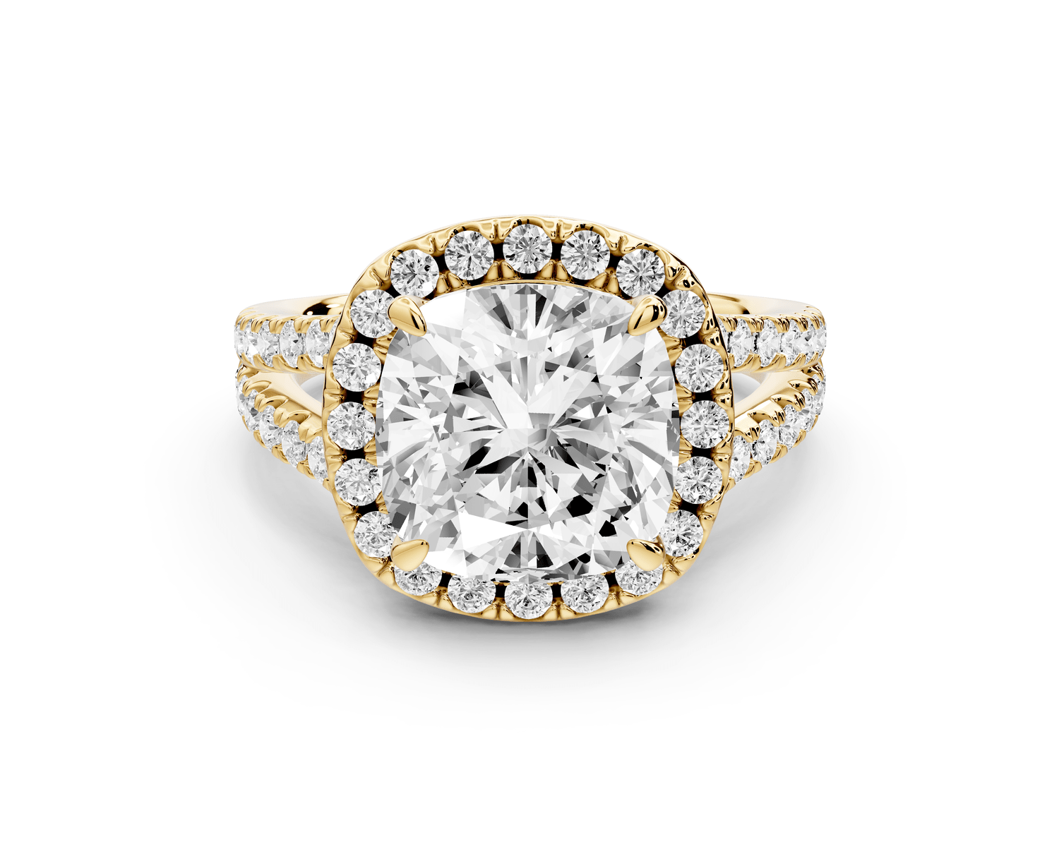 Gabrielle - 4ct 14k yellow gold cushion Diamond Graduated Halo Pavé Split Shank Engagement Ring - Mr. Alex Jewelry