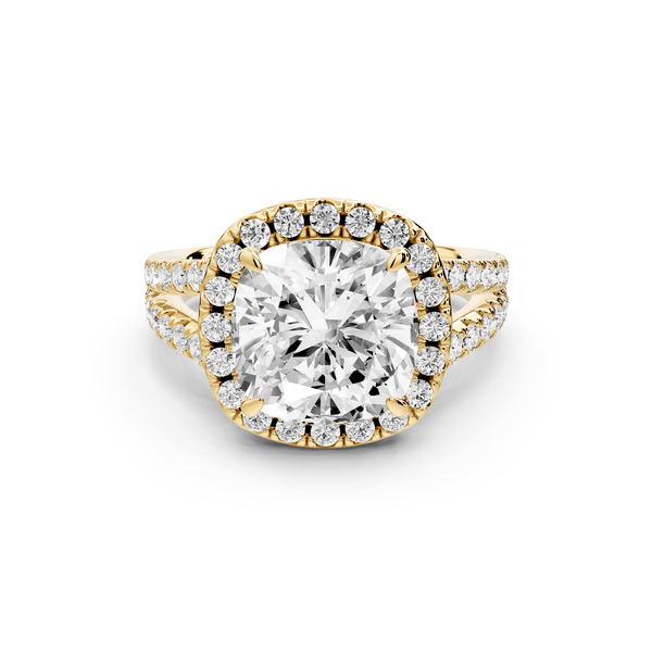Gabrielle - 4ct 14k yellow gold cushion Diamond Graduated Halo Pavé Split Shank Engagement Ring - Mr. Alex Jewelry