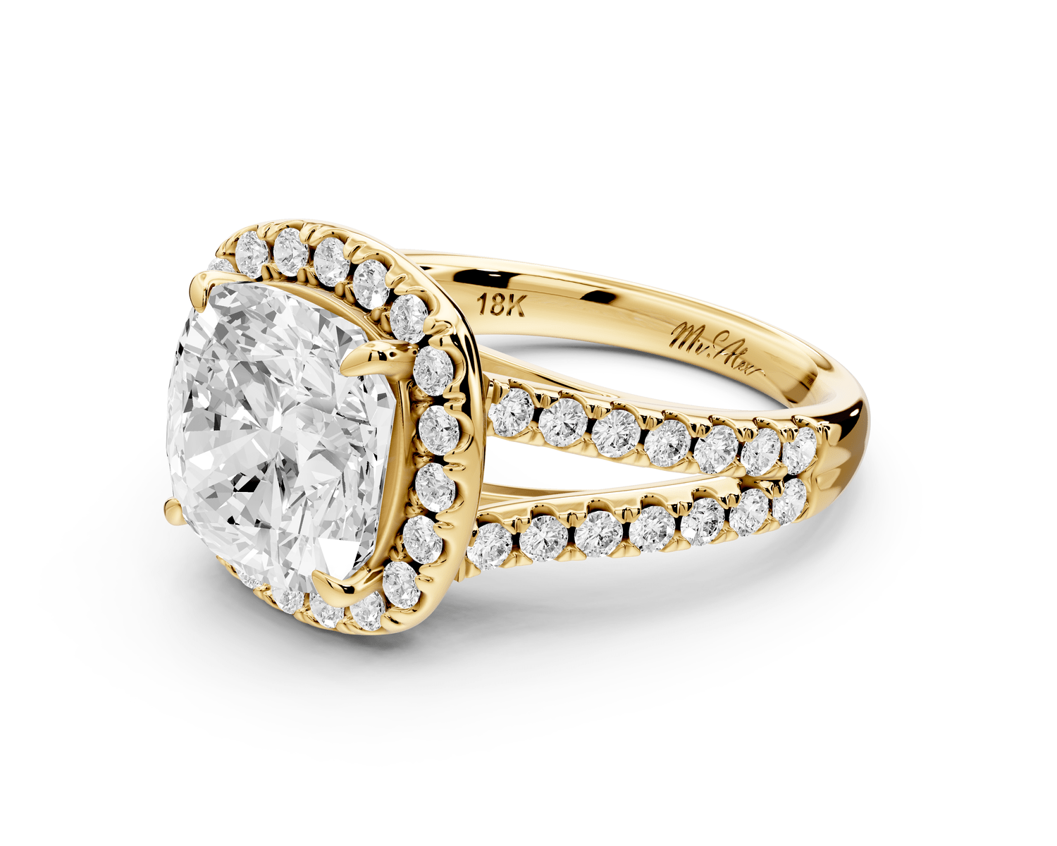 Gabrielle - 4ct 14k yellow gold cushion Diamond Graduated Halo Pavé Split Shank Engagement Ring - Mr. Alex Jewelry