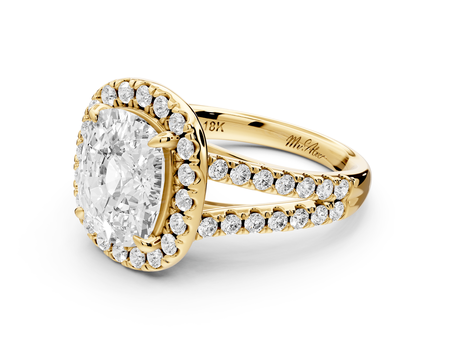 Gabrielle - 4ct 14k yellow gold ecushion Diamond Graduated Halo Pavé Split Shank Engagement Ring - Mr. Alex Jewelry