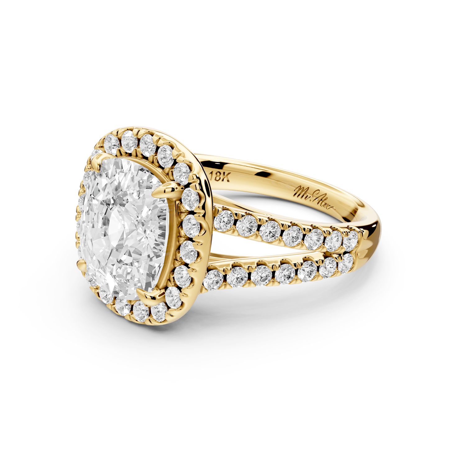 Gabrielle - 4ct 14k yellow gold ecushion Diamond Graduated Halo Pavé Split Shank Engagement Ring - Mr. Alex Jewelry
