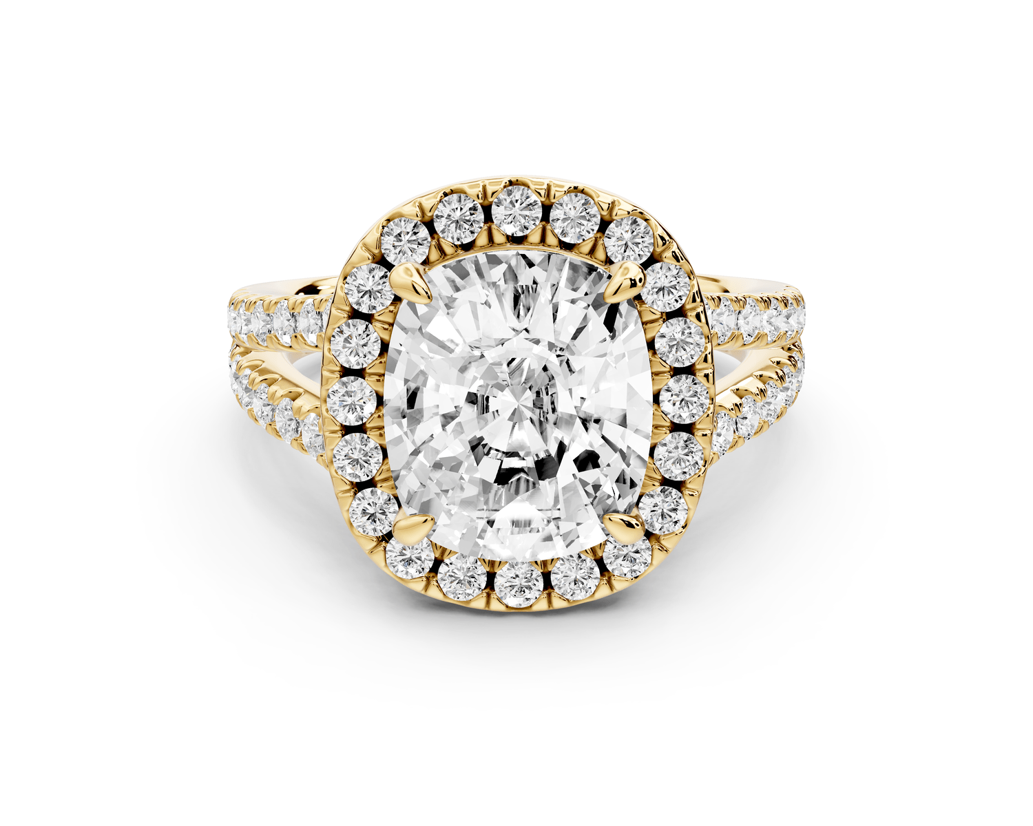 Gabrielle - 4ct 14k yellow gold ecushion Diamond Graduated Halo Pavé Split Shank Engagement Ring - Mr. Alex Jewelry