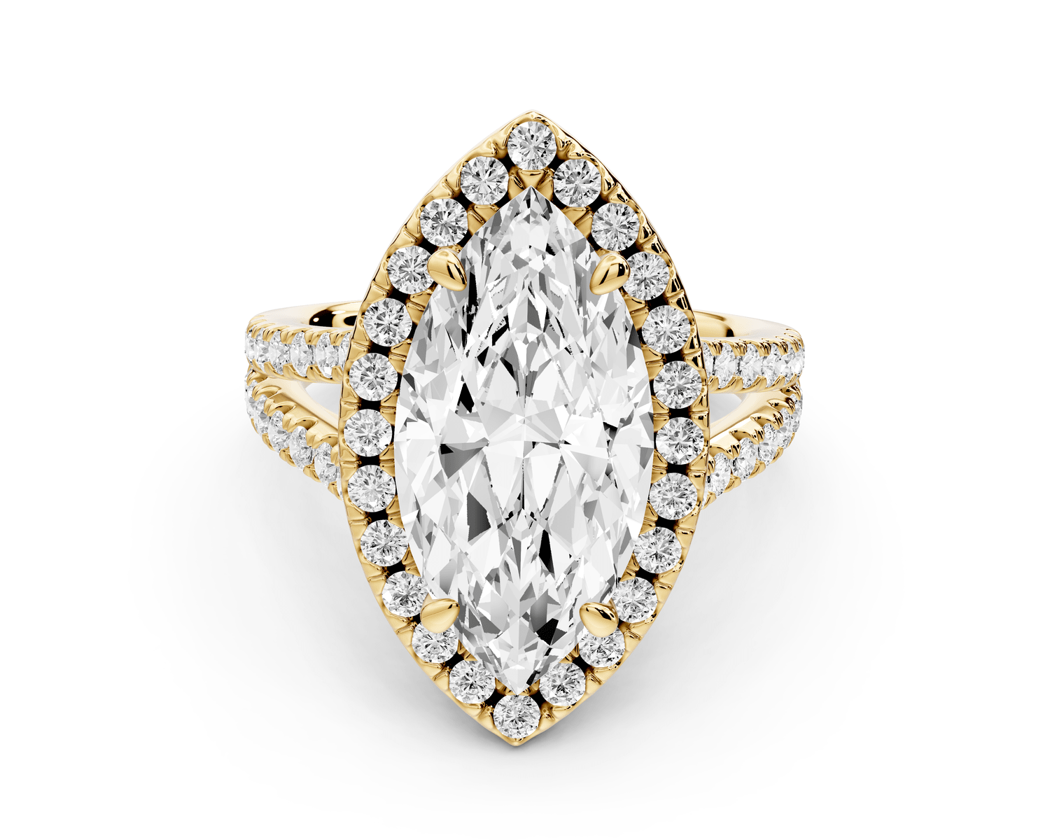 Gabrielle - 4ct 14k yellow gold marquise Diamond Graduated Halo Pavé Split Shank Engagement Ring - Mr. Alex Jewelry