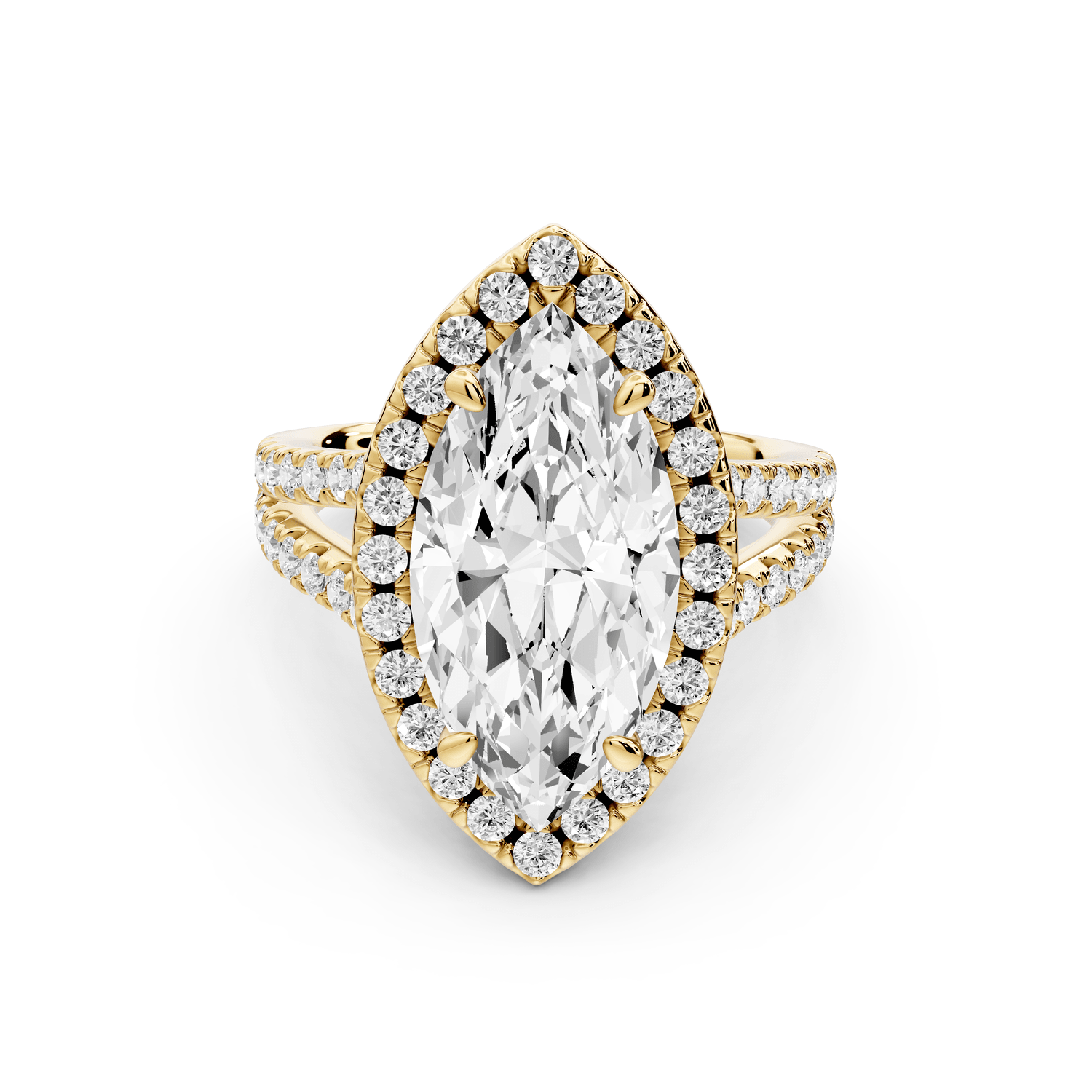 Gabrielle - 4ct 14k yellow gold marquise Diamond Graduated Halo Pavé Split Shank Engagement Ring - Mr. Alex Jewelry