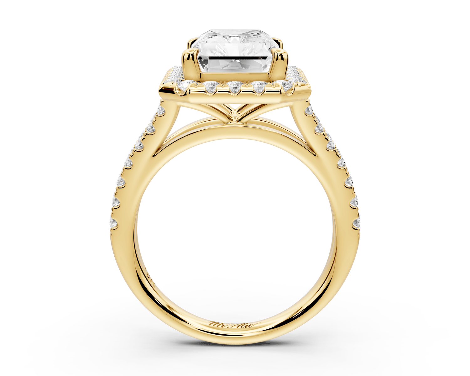 Gabrielle - 4ct 14k yellow gold radiant Diamond Graduated Halo Pavé Split Shank Engagement Ring - Mr. Alex Jewelry
