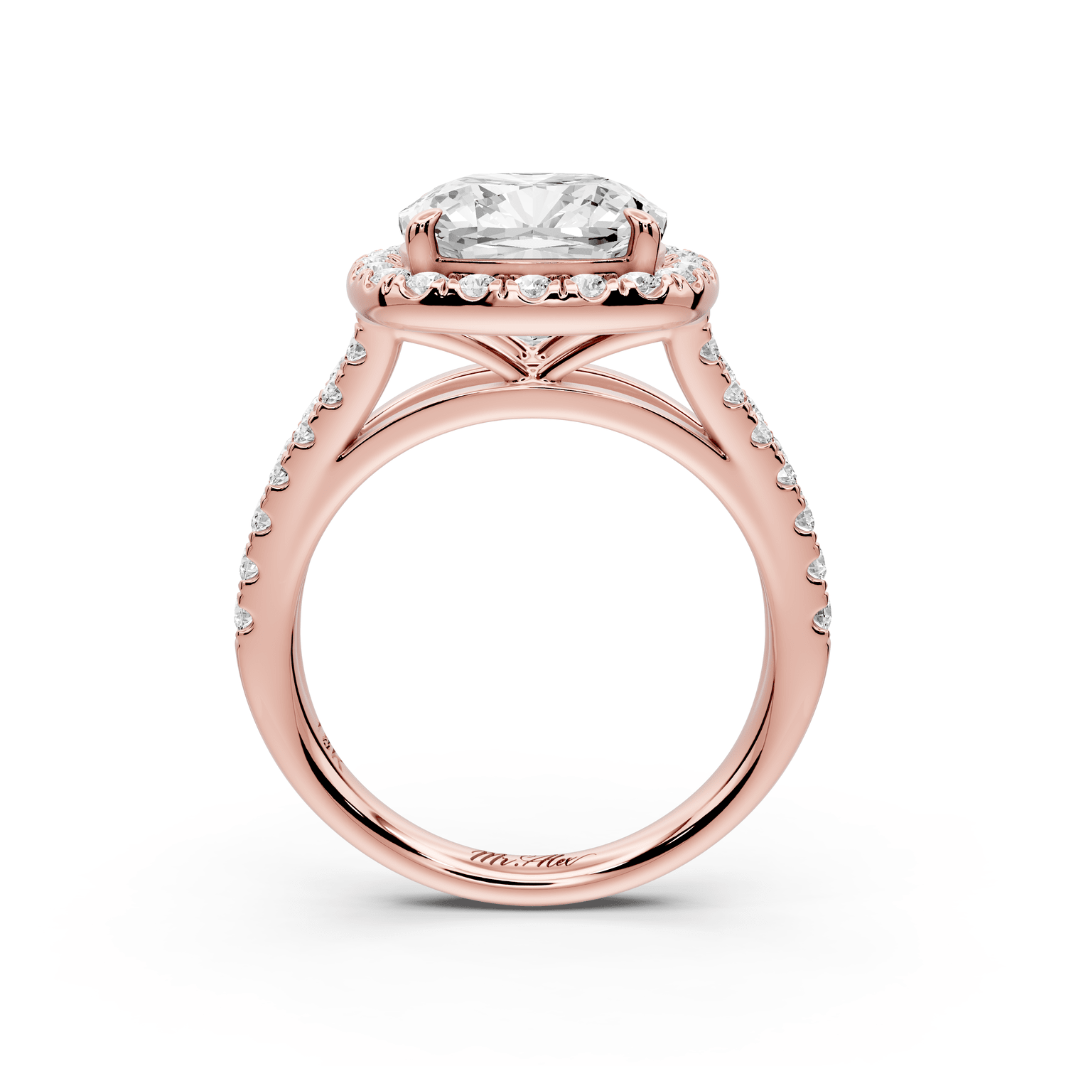 Gabrielle - 4ct 18k rose gold cushion Diamond Graduated Halo Pavé Split Shank Engagement Ring - Mr. Alex Jewelry