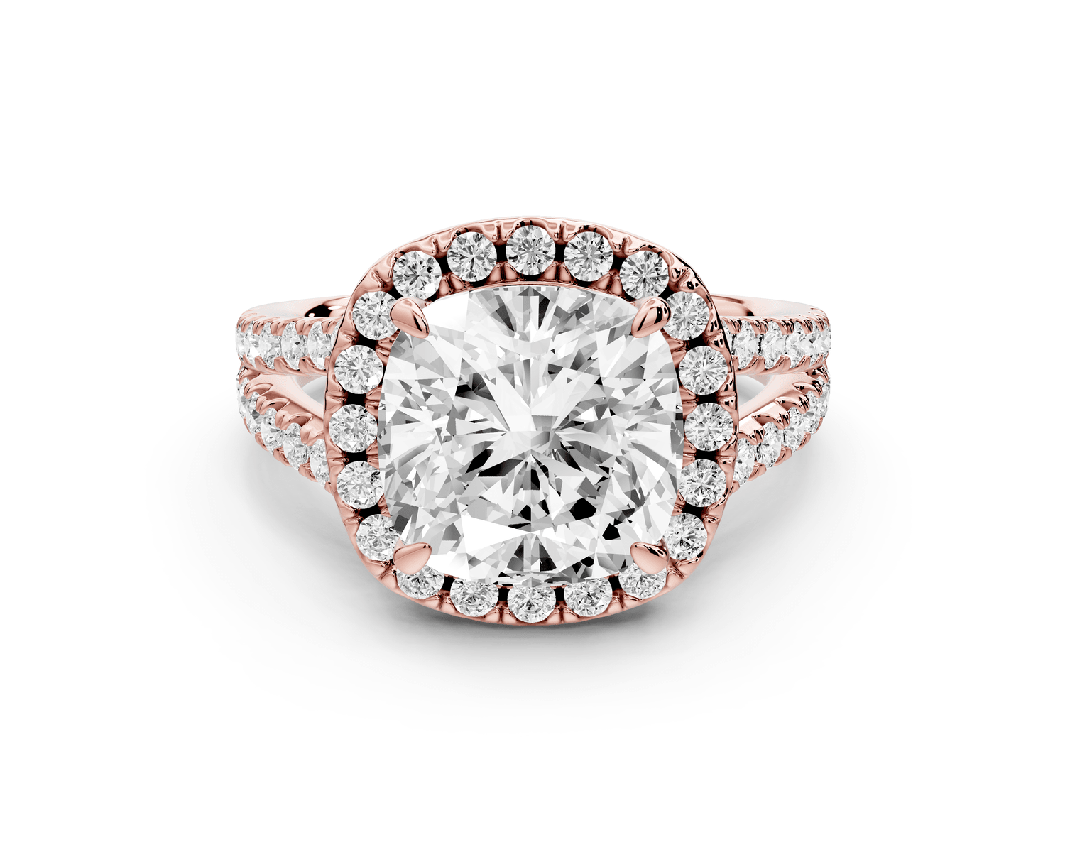 Gabrielle - 4ct 18k rose gold cushion Diamond Graduated Halo Pavé Split Shank Engagement Ring - Mr. Alex Jewelry