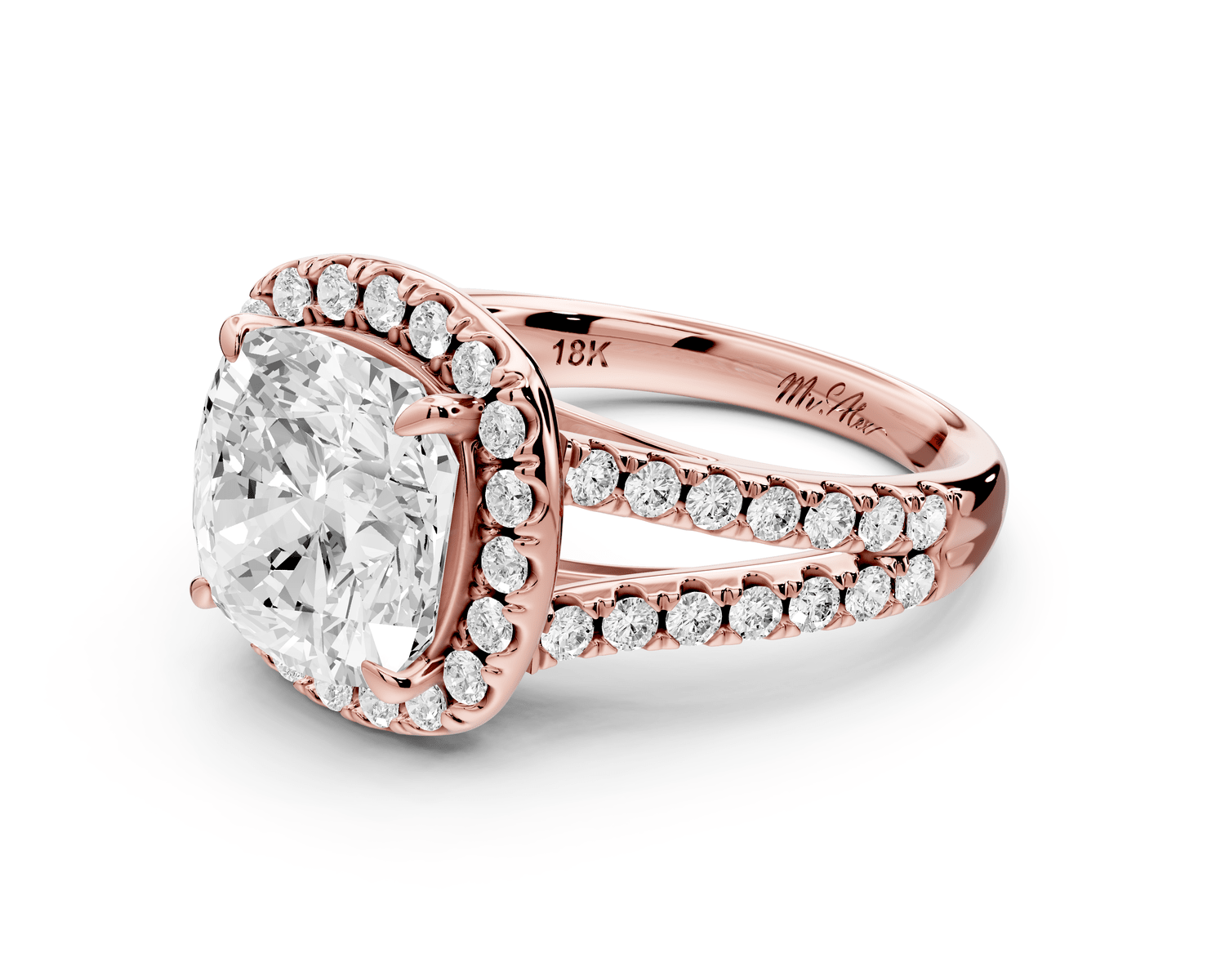 Gabrielle - 4ct 18k rose gold cushion Diamond Graduated Halo Pavé Split Shank Engagement Ring - Mr. Alex Jewelry