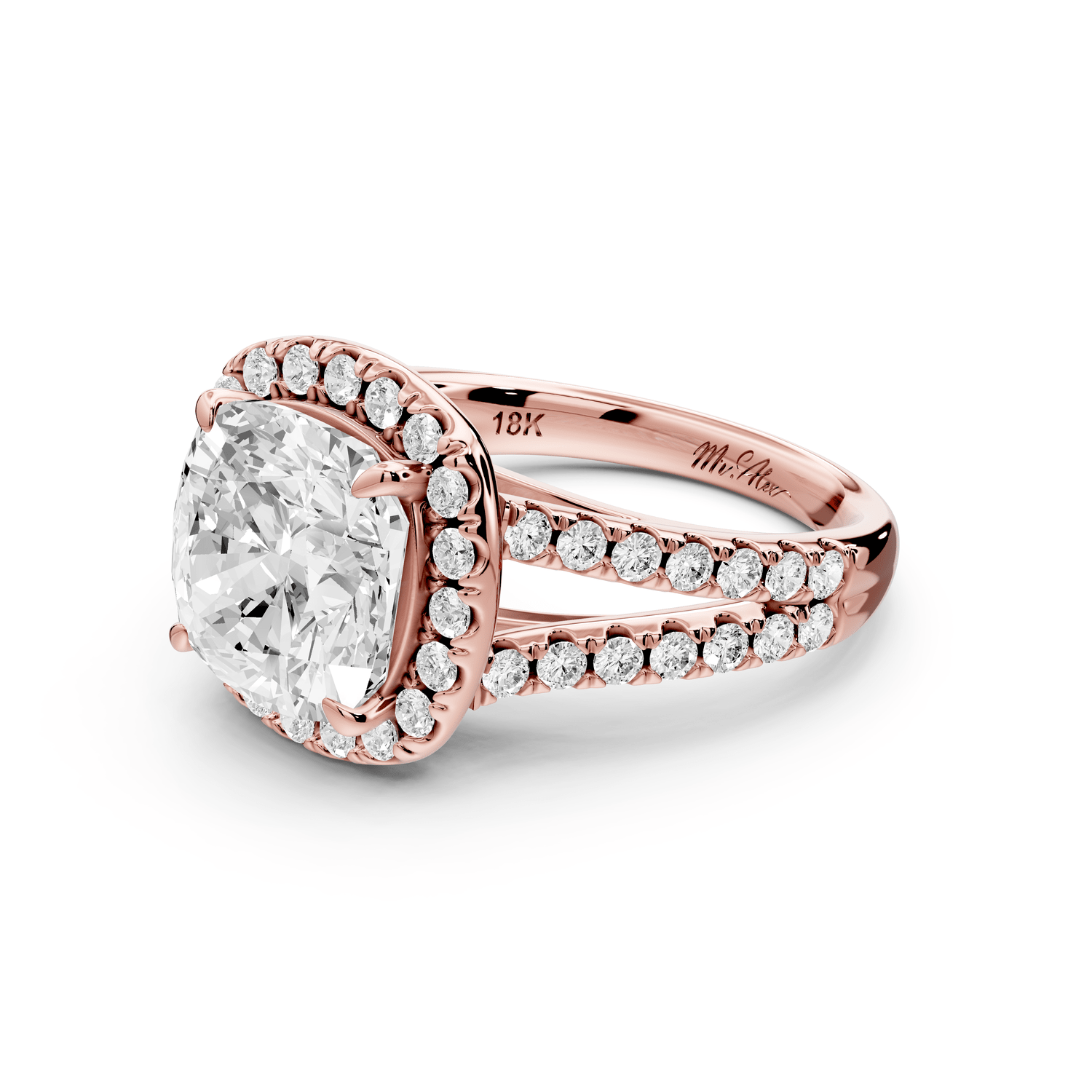 Gabrielle - 4ct 18k rose gold cushion Diamond Graduated Halo Pavé Split Shank Engagement Ring - Mr. Alex Jewelry