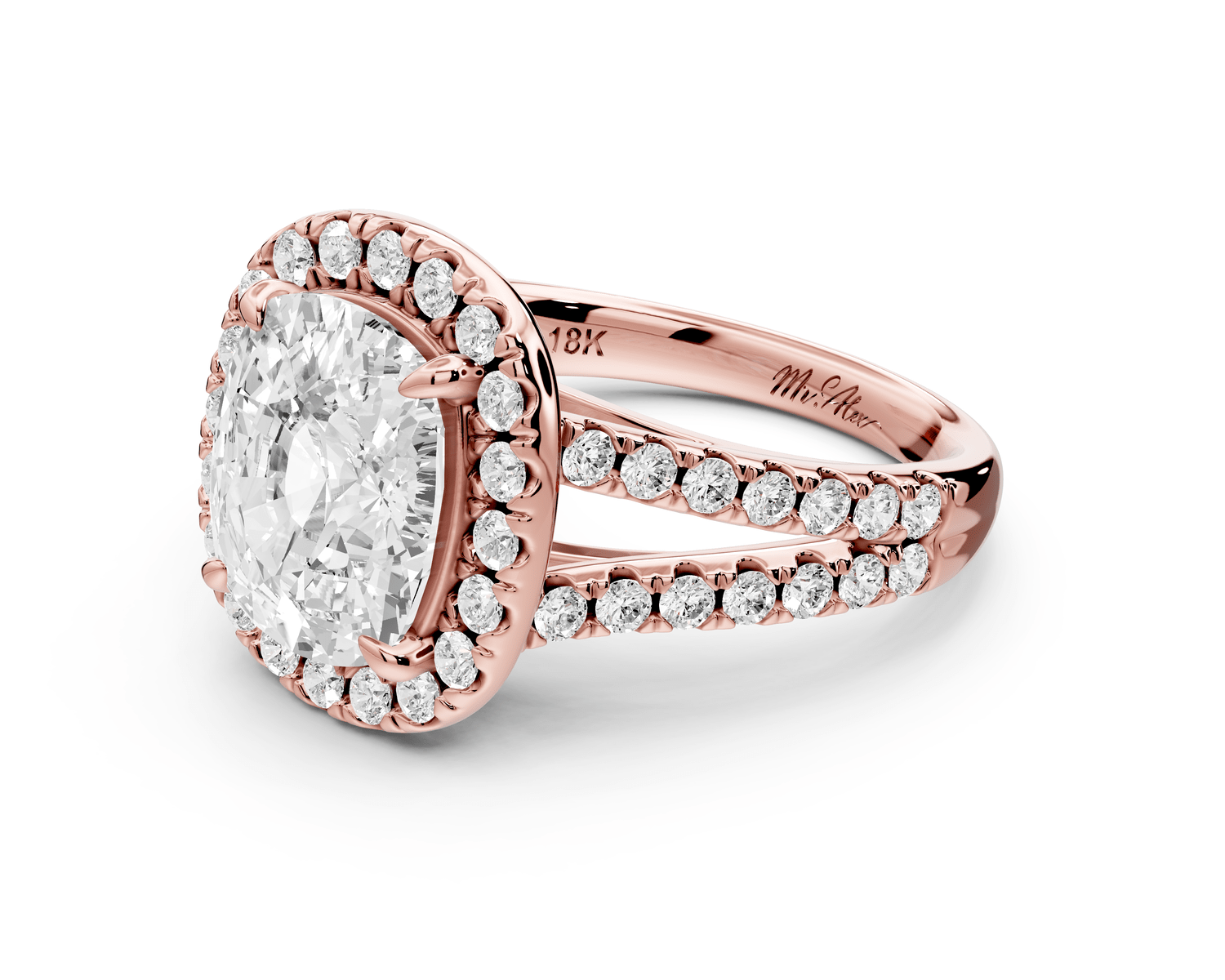 Gabrielle - 4ct 18k rose gold ecushion Diamond Graduated Halo Pavé Split Shank Engagement Ring - Mr. Alex Jewelry