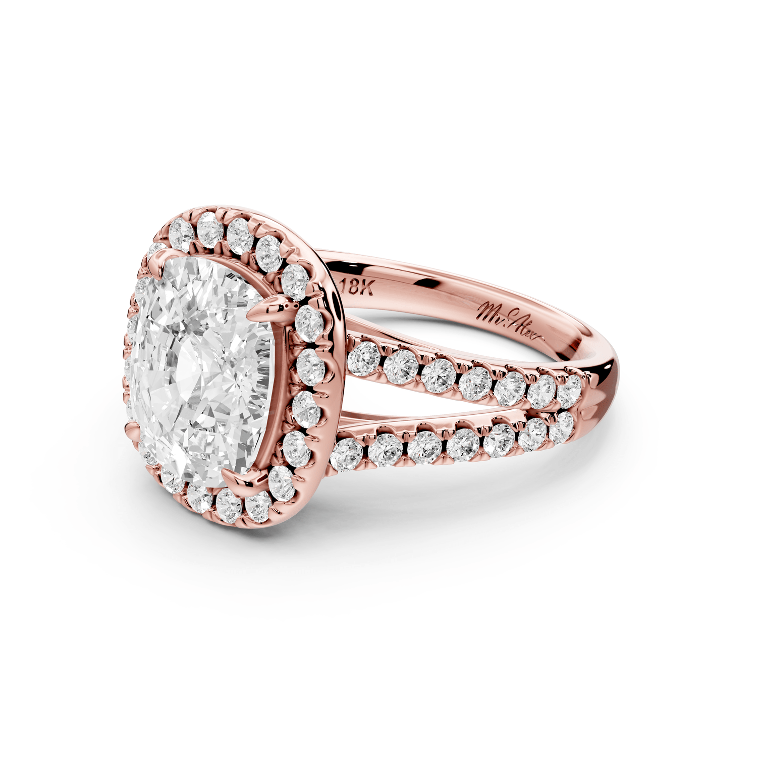 Gabrielle - 4ct 18k rose gold ecushion Diamond Graduated Halo Pavé Split Shank Engagement Ring - Mr. Alex Jewelry