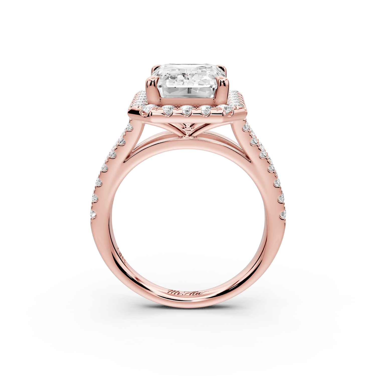 Gabrielle - 4ct 18k rose gold emerald Diamond Graduated Halo Pavé Split Shank Engagement Ring - Mr. Alex Jewelry