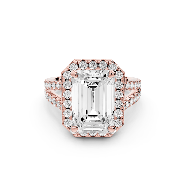 Gabrielle - 4ct 18k rose gold emerald Diamond Graduated Halo Pavé Split Shank Engagement Ring - Mr. Alex Jewelry