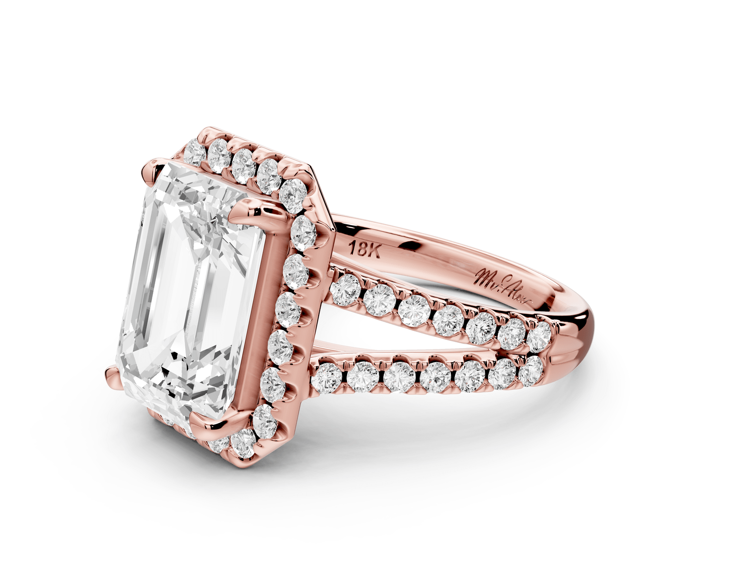 Gabrielle - 4ct 18k rose gold emerald Diamond Graduated Halo Pavé Split Shank Engagement Ring - Mr. Alex Jewelry