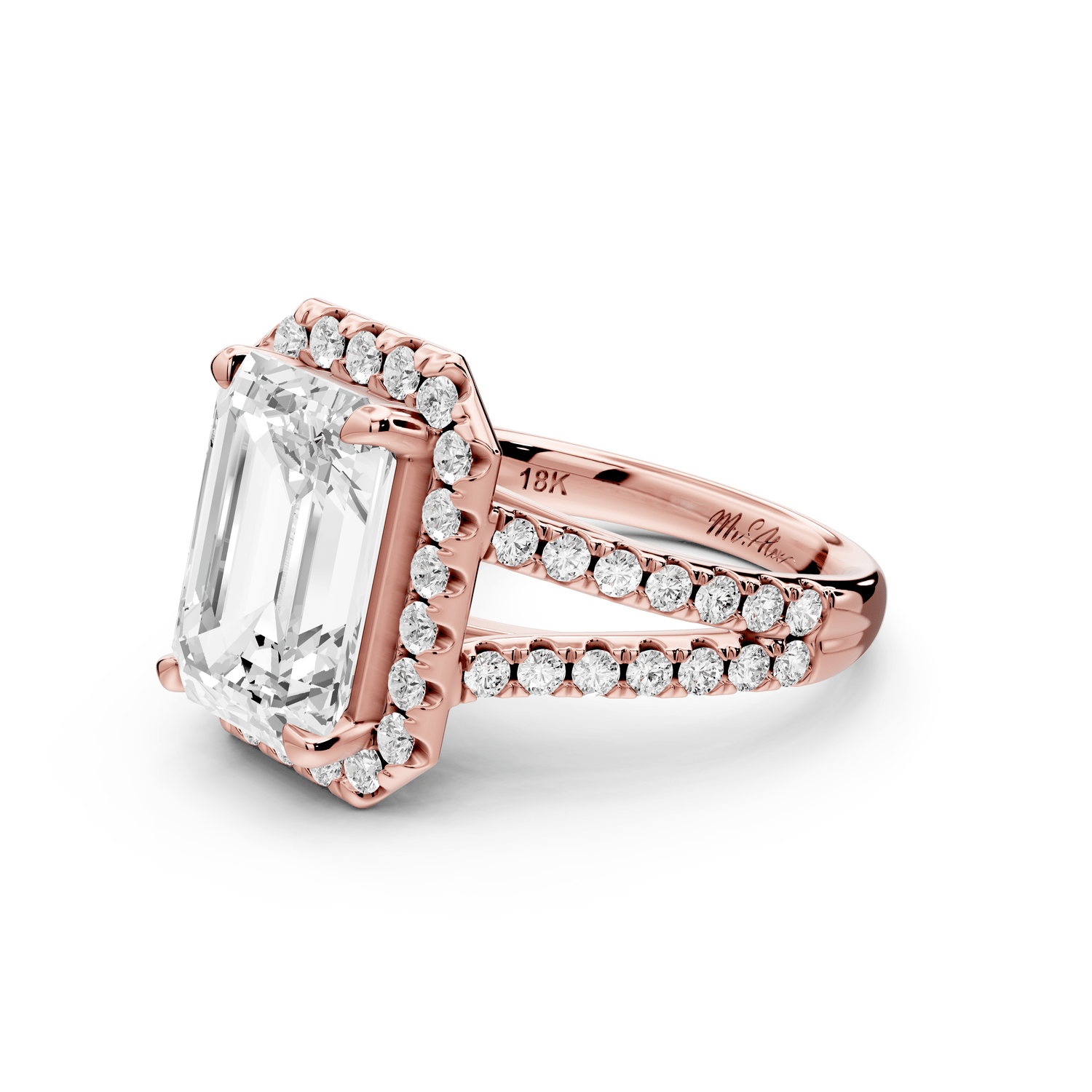 Gabrielle - 4ct 18k rose gold emerald Diamond Graduated Halo Pavé Split Shank Engagement Ring - Mr. Alex Jewelry
