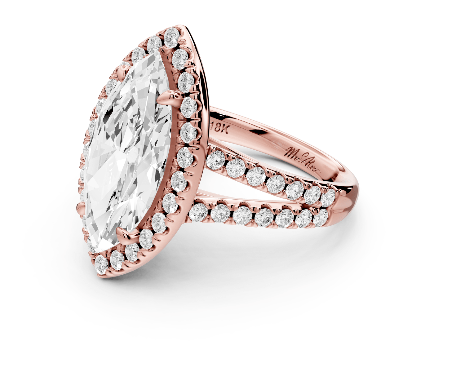 Gabrielle - 4ct 18k rose gold marquise Diamond Graduated Halo Pavé Split Shank Engagement Ring - Mr. Alex Jewelry