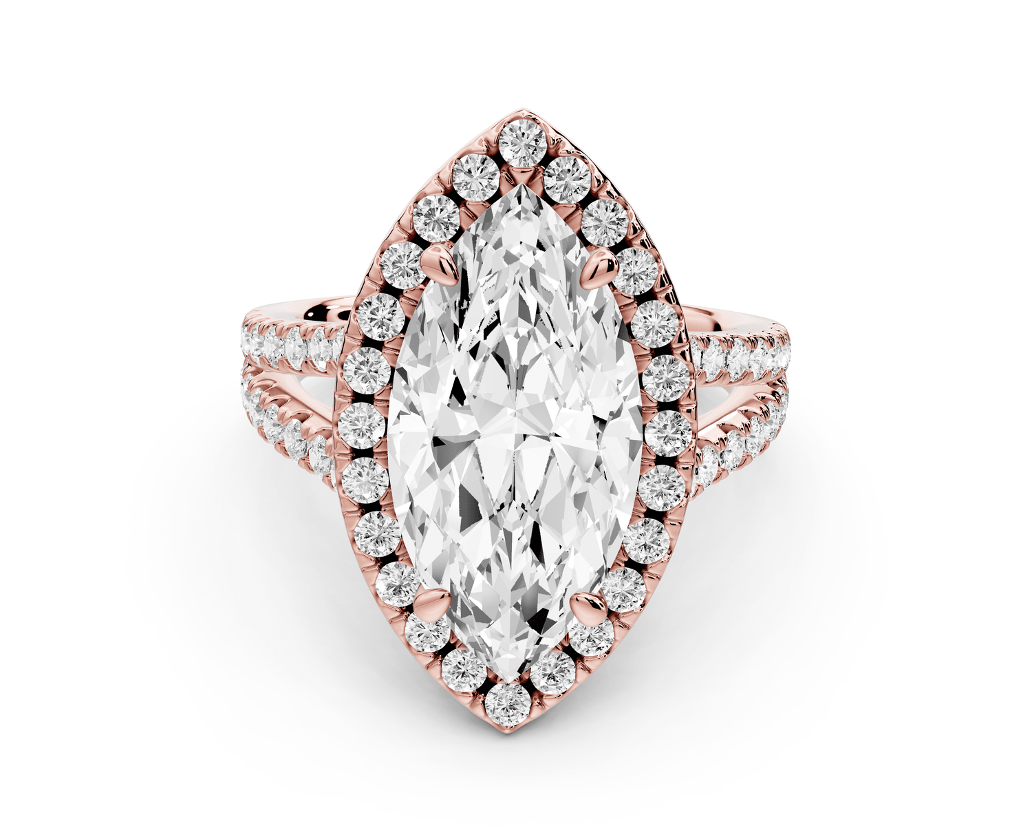 Gabrielle - 4ct 18k rose gold marquise Diamond Graduated Halo Pavé Split Shank Engagement Ring - Mr. Alex Jewelry