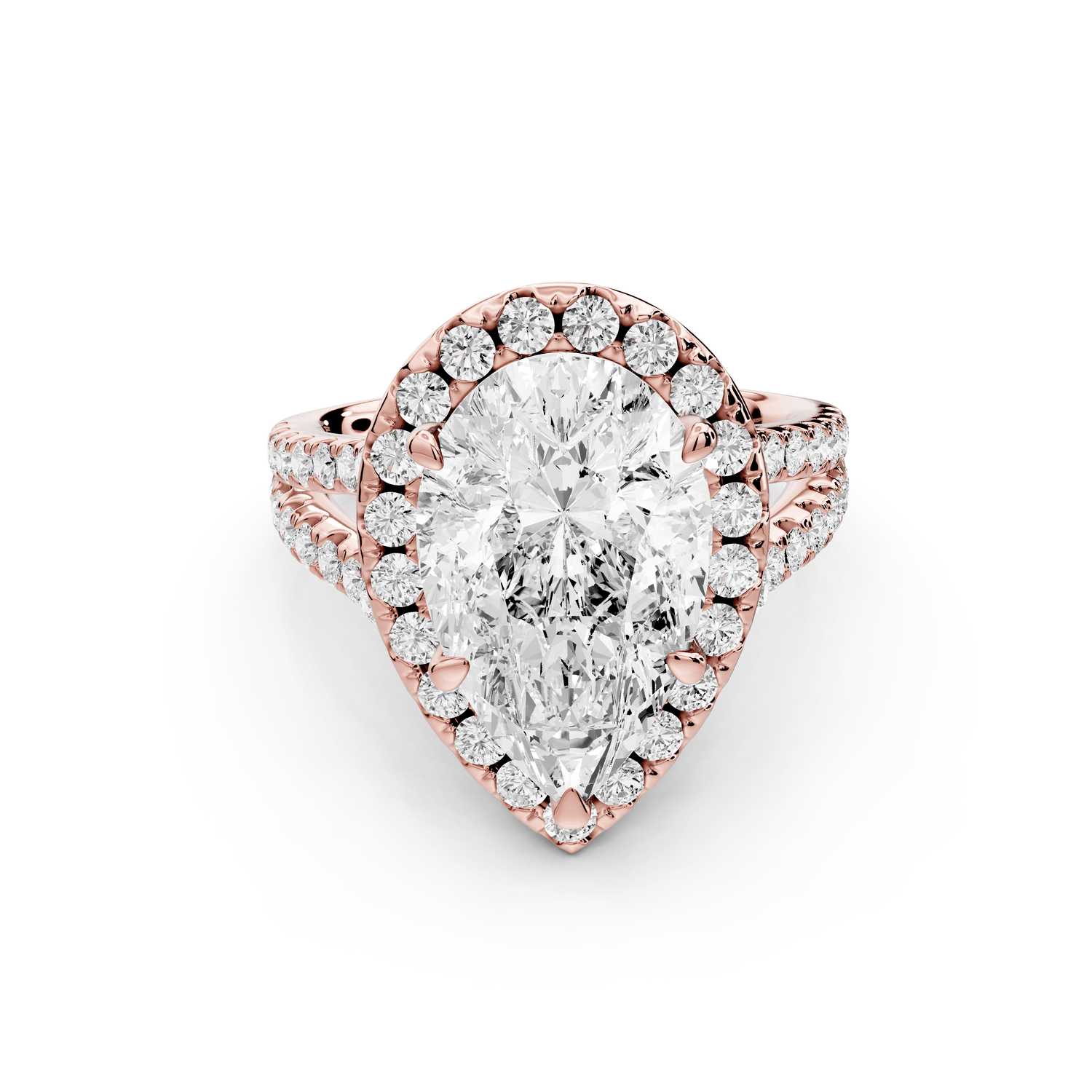 Gabrielle - 4ct 18k rose gold pear Diamond Graduated Halo Pavé Split Shank Engagement Ring - Mr. Alex Jewelry