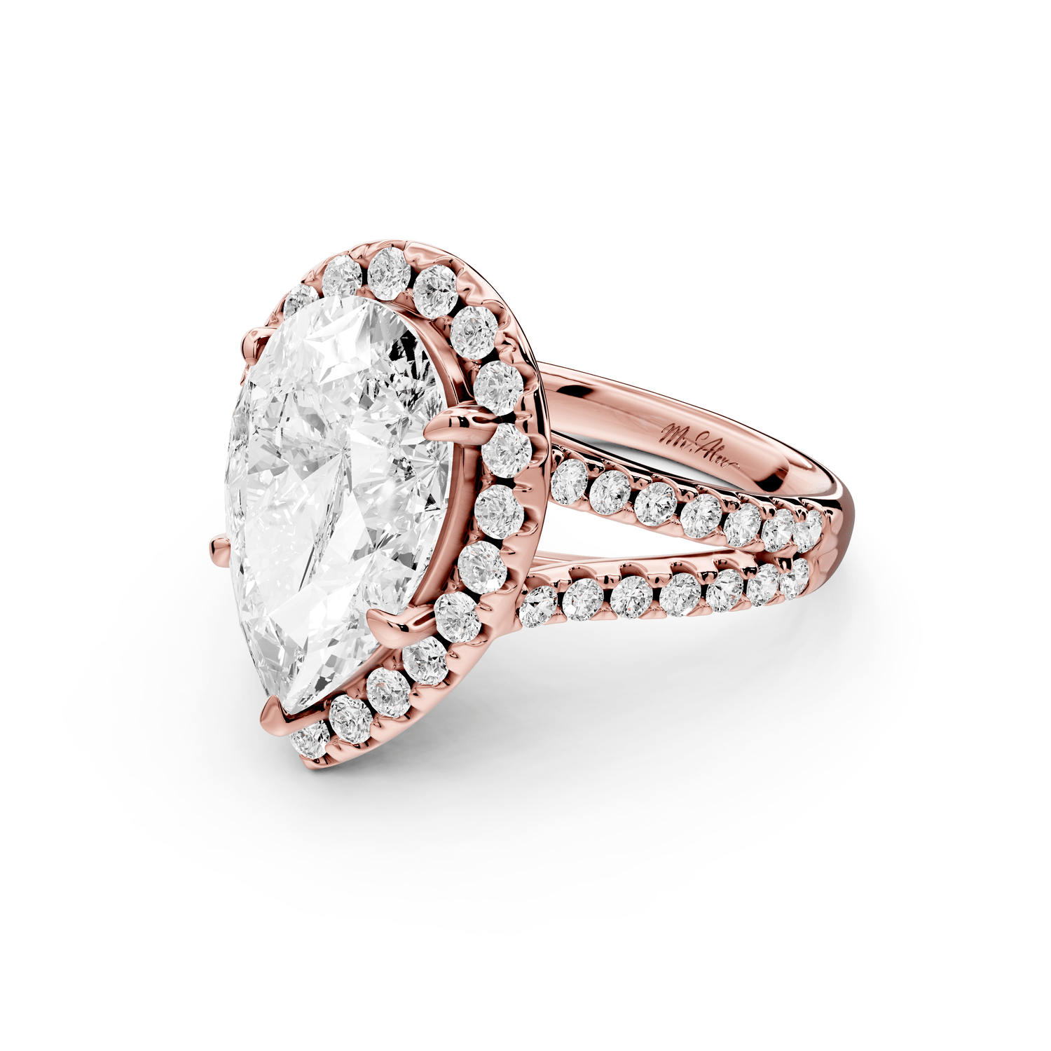 Gabrielle - 4ct 18k rose gold pear Diamond Graduated Halo Pavé Split Shank Engagement Ring - Mr. Alex Jewelry