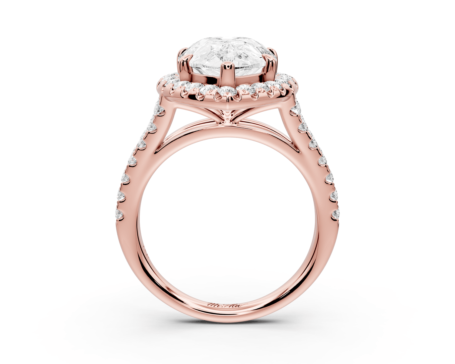 Gabrielle - 4ct 18k rose gold pear Diamond Graduated Halo Pavé Split Shank Engagement Ring - Mr. Alex Jewelry