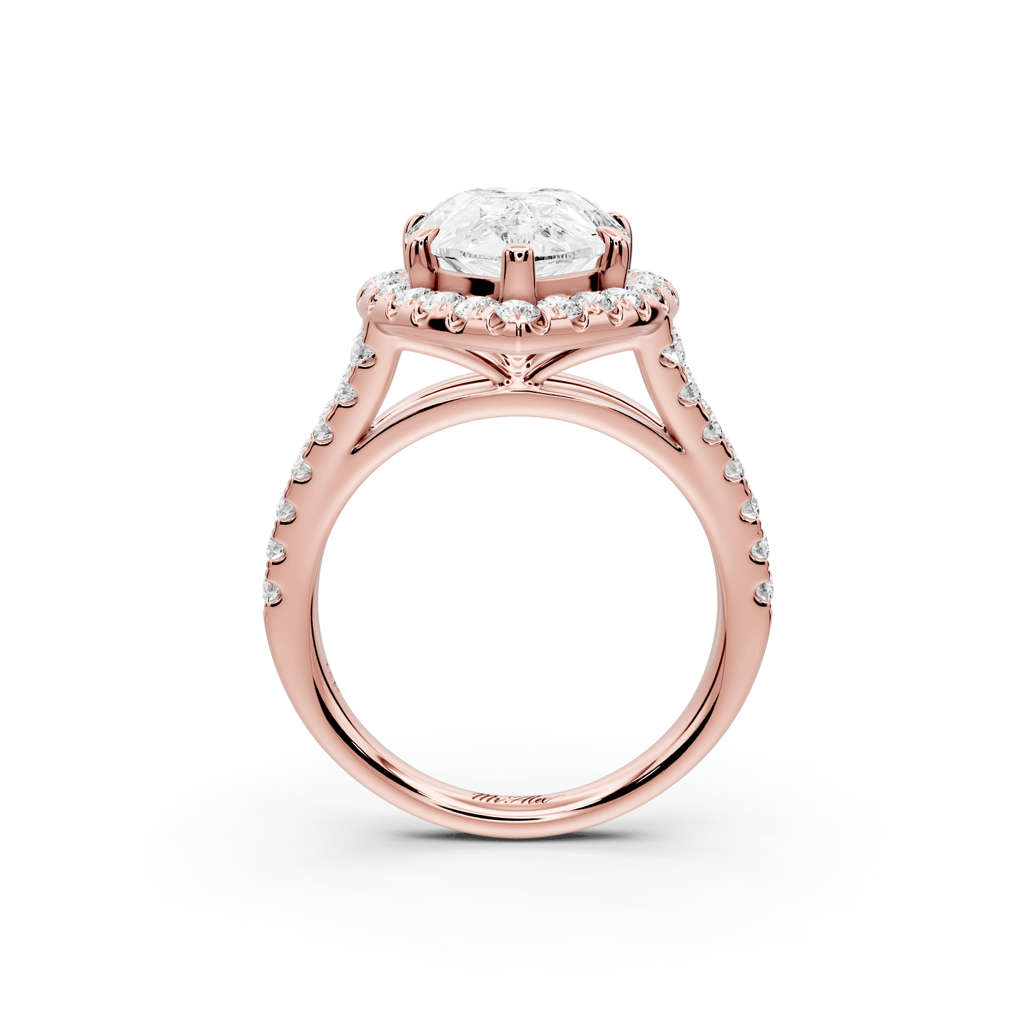 Gabrielle - 4ct 18k rose gold pear Diamond Graduated Halo Pavé Split Shank Engagement Ring - Mr. Alex Jewelry