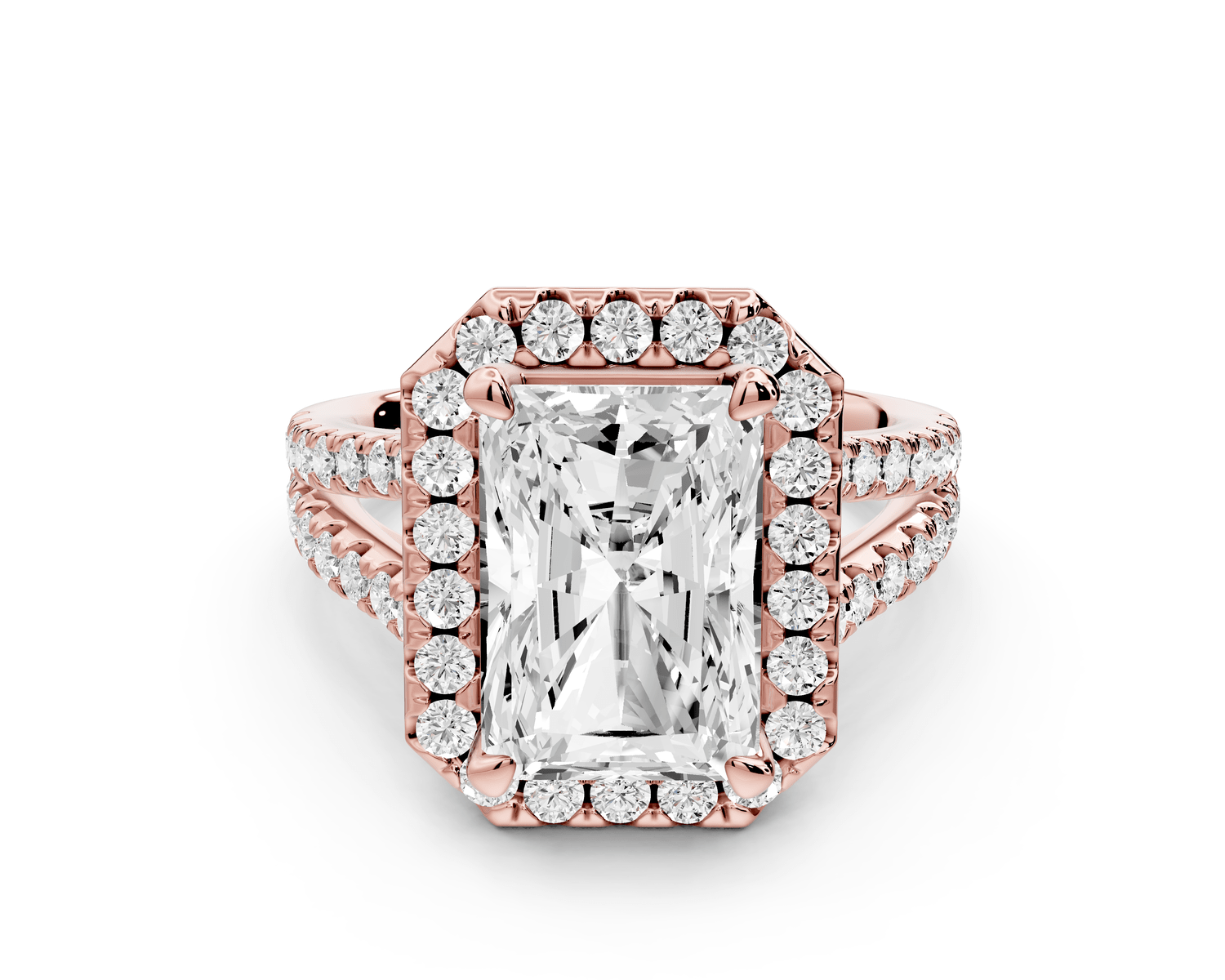 Gabrielle - 4ct 18k rose gold radiant Diamond Graduated Halo Pavé Split Shank Engagement Ring - Mr. Alex Jewelry