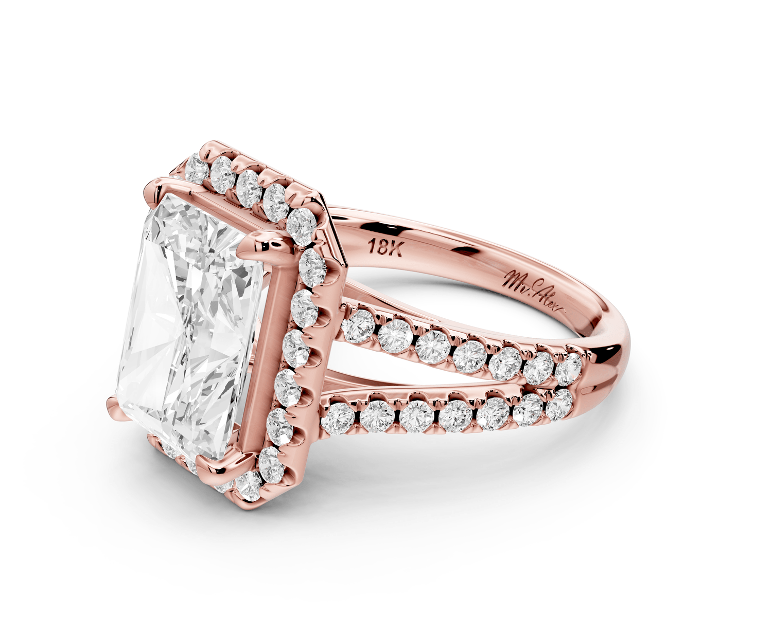 Gabrielle - 4ct 18k rose gold radiant Diamond Graduated Halo Pavé Split Shank Engagement Ring - Mr. Alex Jewelry