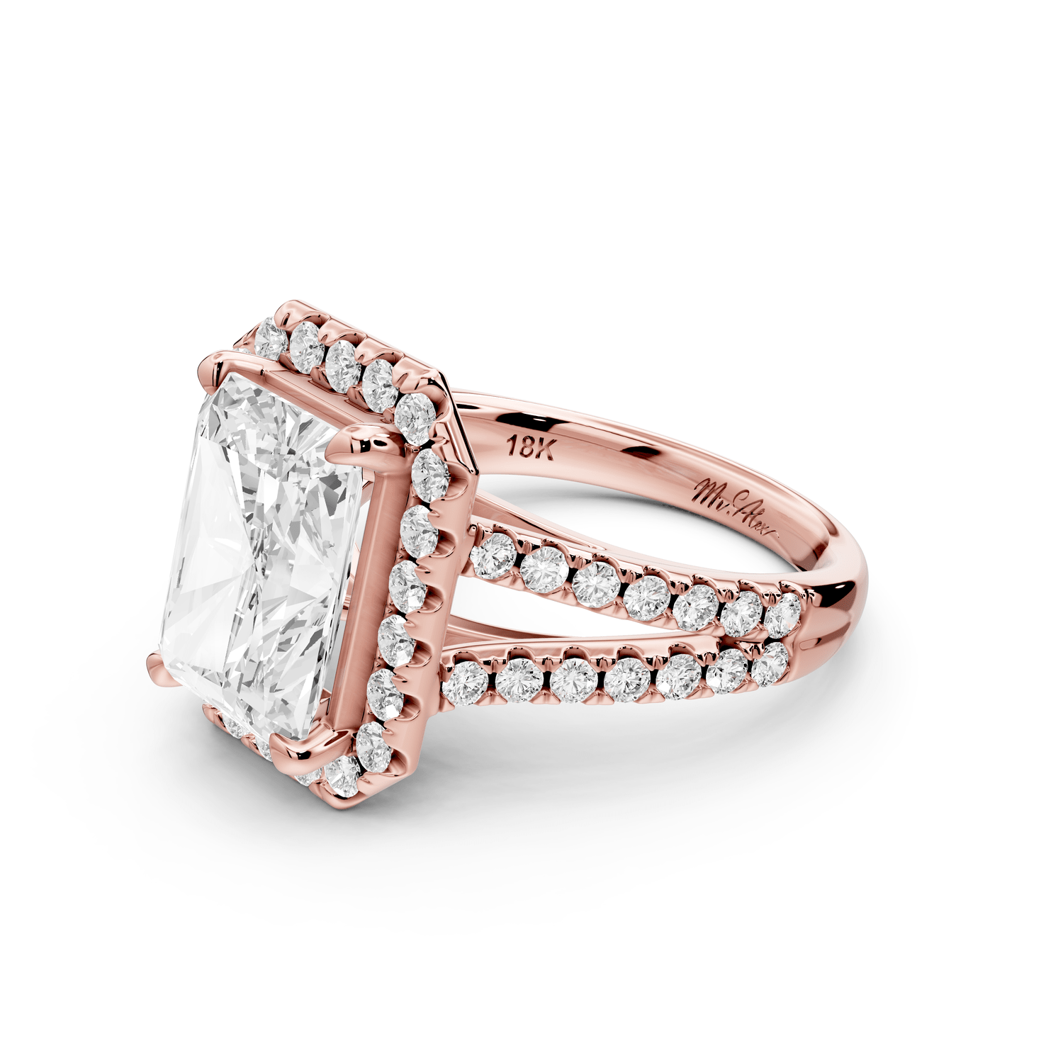 Gabrielle - 4ct 18k rose gold radiant Diamond Graduated Halo Pavé Split Shank Engagement Ring - Mr. Alex Jewelry