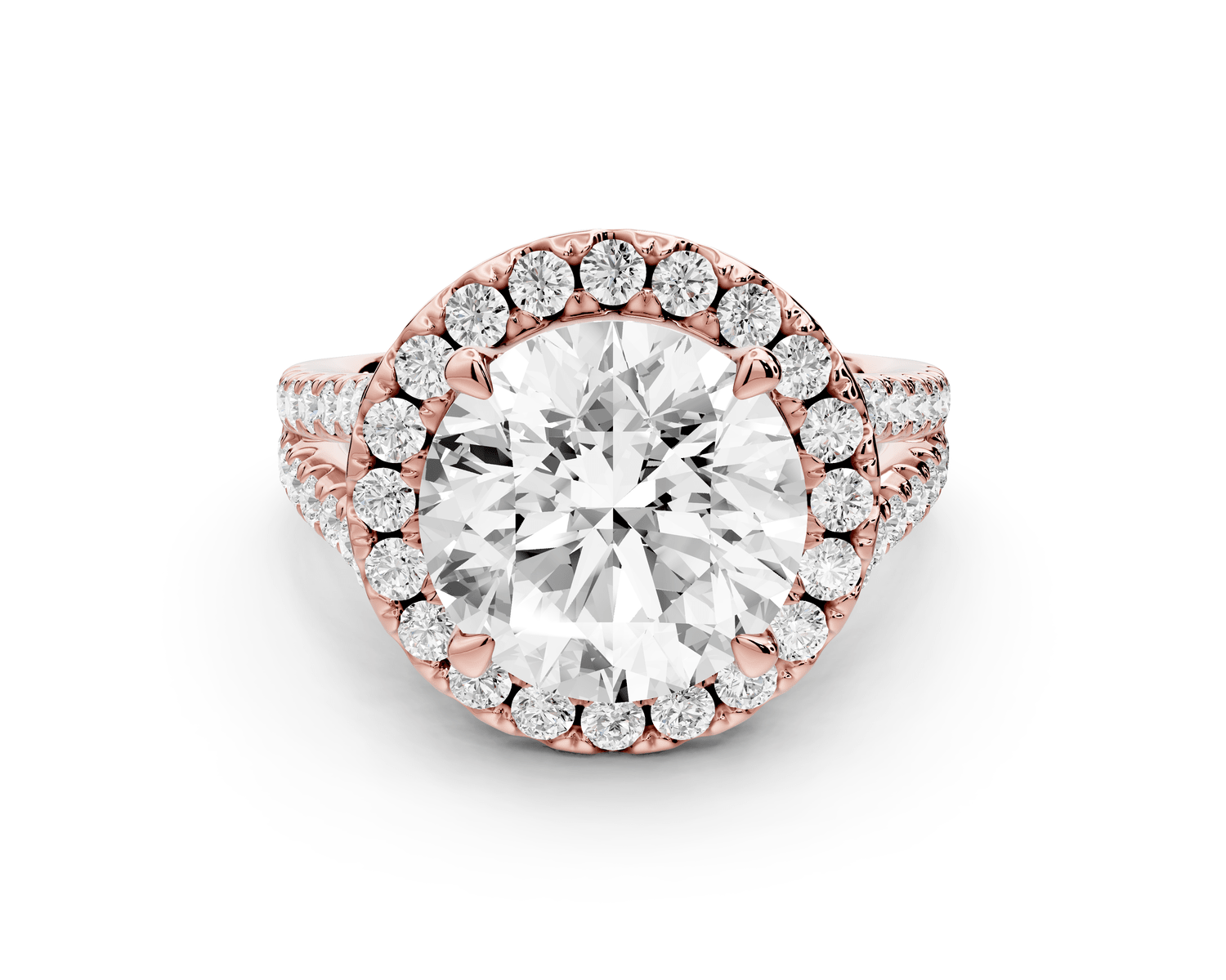 Gabrielle - 4ct 18k rose gold round Diamond Graduated Halo Pavé Split Shank Engagement Ring - Mr. Alex Jewelry