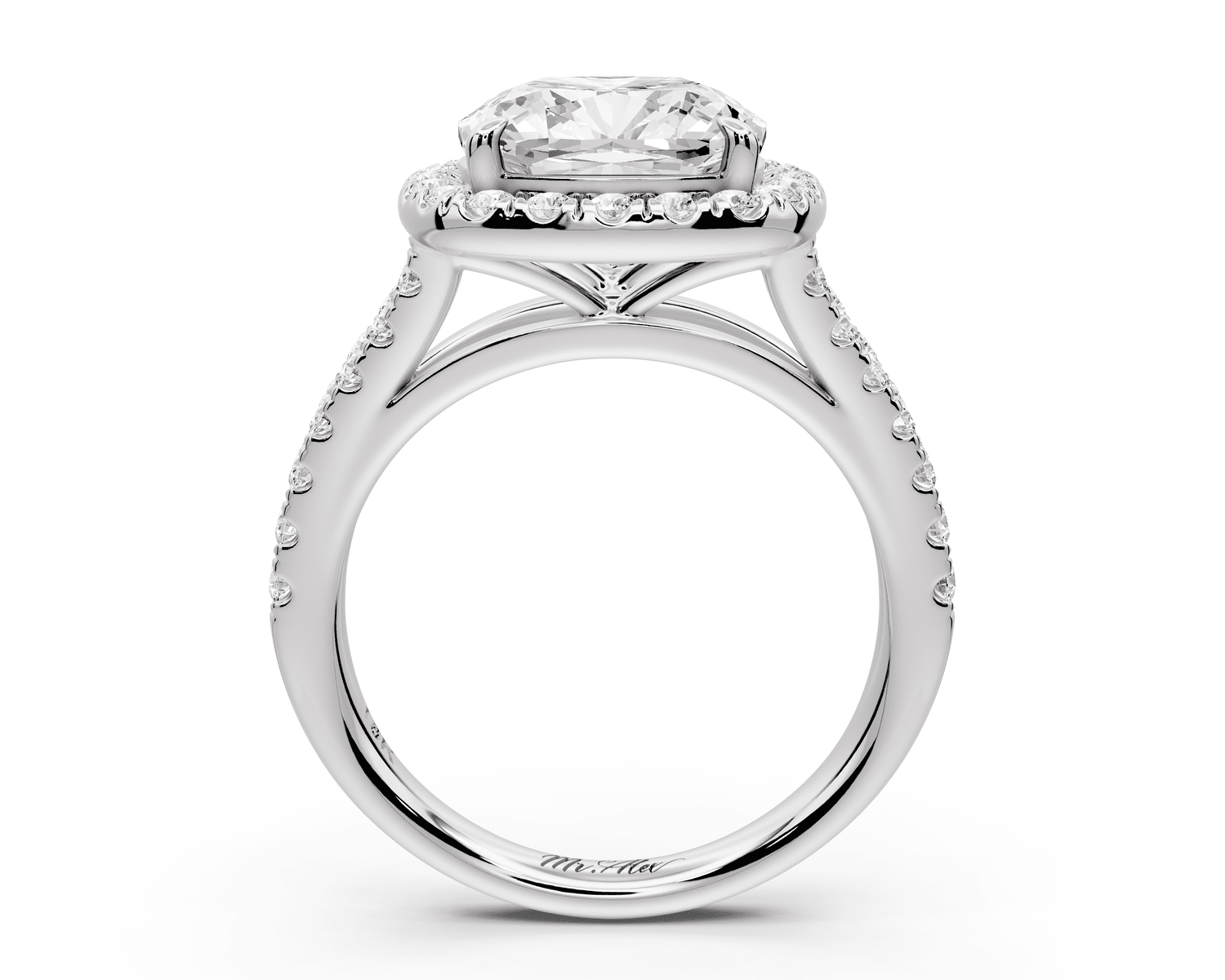 Gabrielle - 4ct 18k white gold cushion Diamond Graduated Halo Pavé Split Shank Engagement Ring - Mr. Alex Jewelry