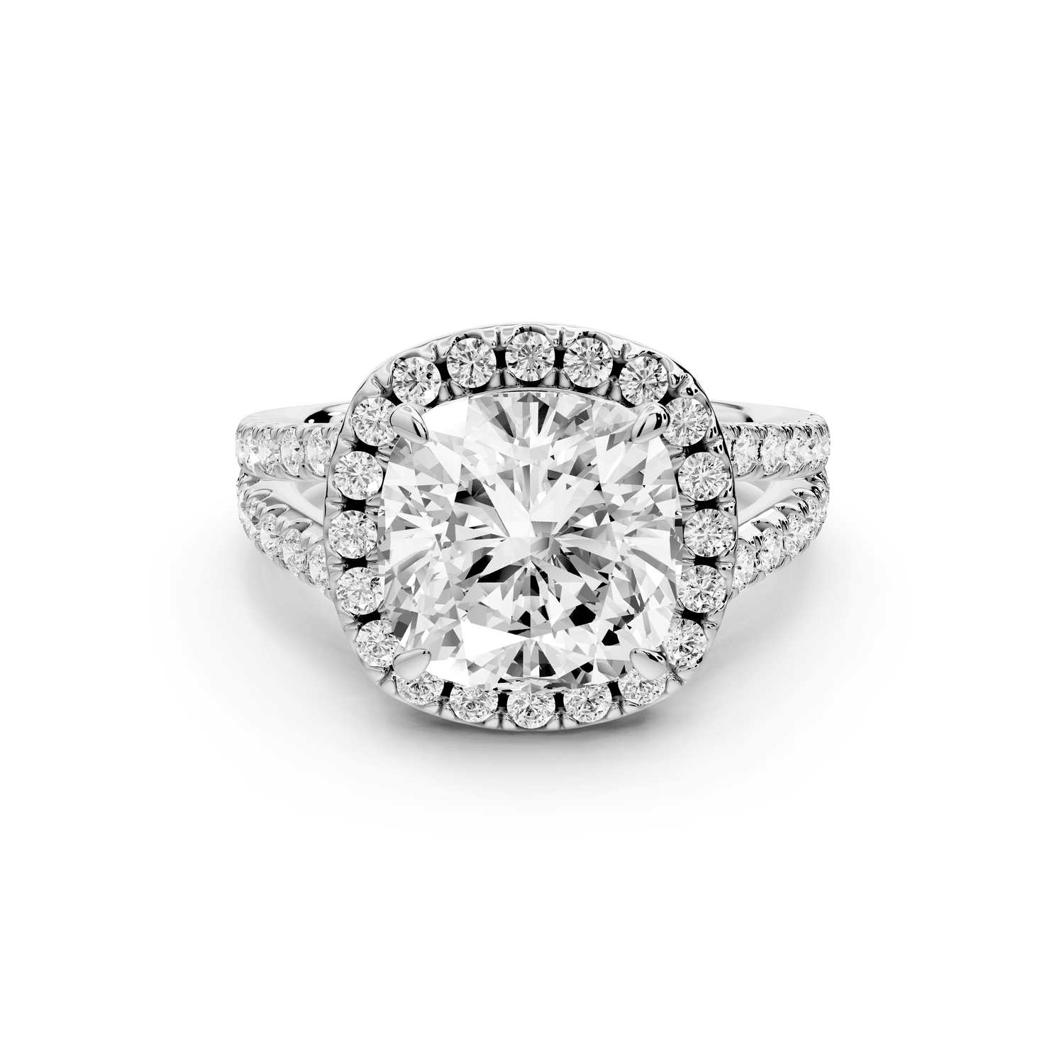 Gabrielle - 4ct 18k white gold cushion Diamond Graduated Halo Pavé Split Shank Engagement Ring - Mr. Alex Jewelry