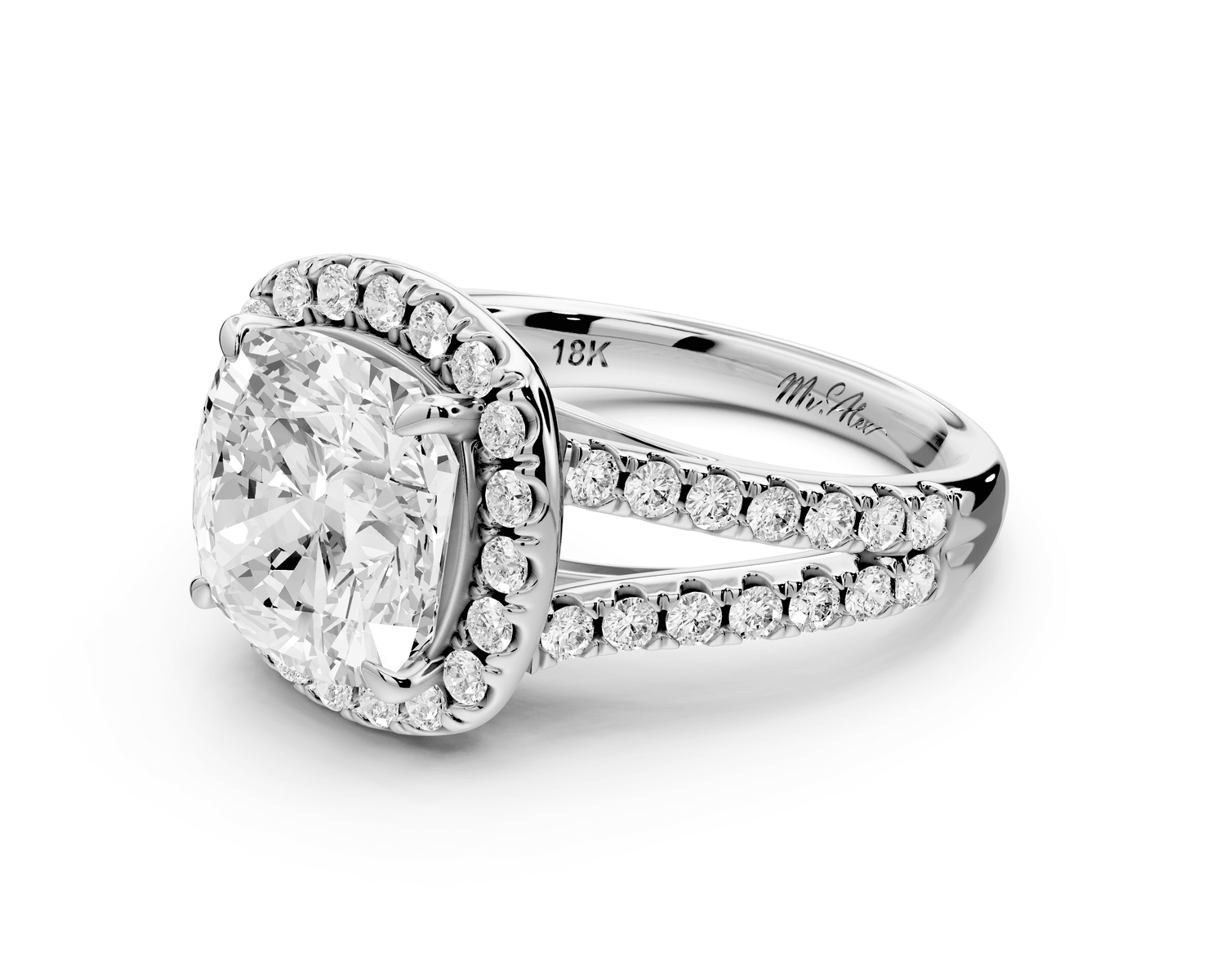 Gabrielle - 4ct 18k white gold cushion Diamond Graduated Halo Pavé Split Shank Engagement Ring - Mr. Alex Jewelry