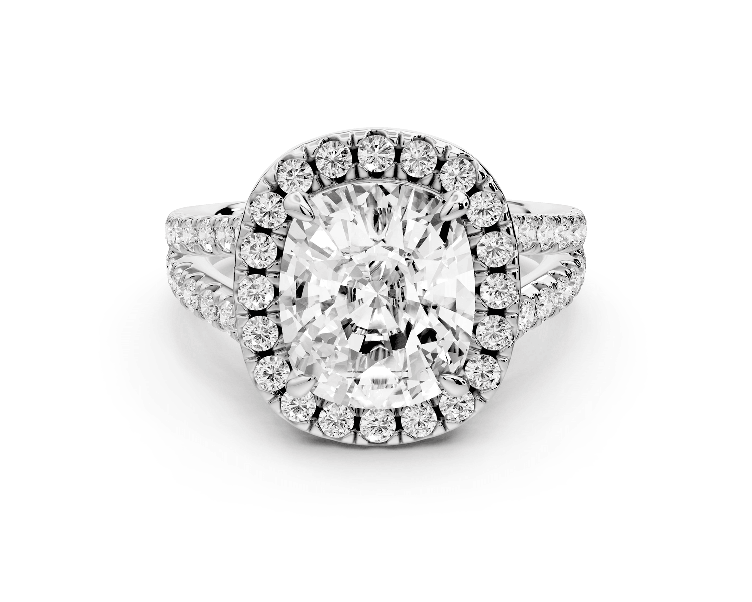 Gabrielle - 4ct 18k white gold ecushion Diamond Graduated Halo Pavé Split Shank Engagement Ring - Mr. Alex Jewelry