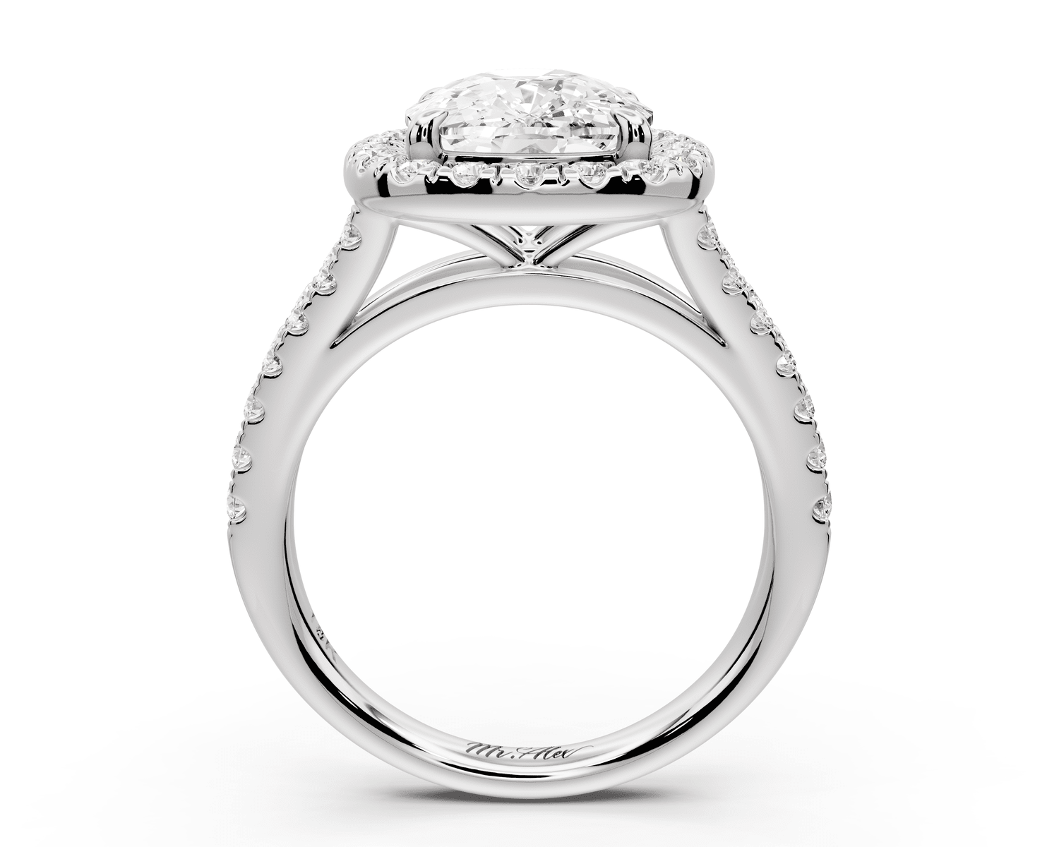 Gabrielle - 4ct 18k white gold ecushion Diamond Graduated Halo Pavé Split Shank Engagement Ring - Mr. Alex Jewelry