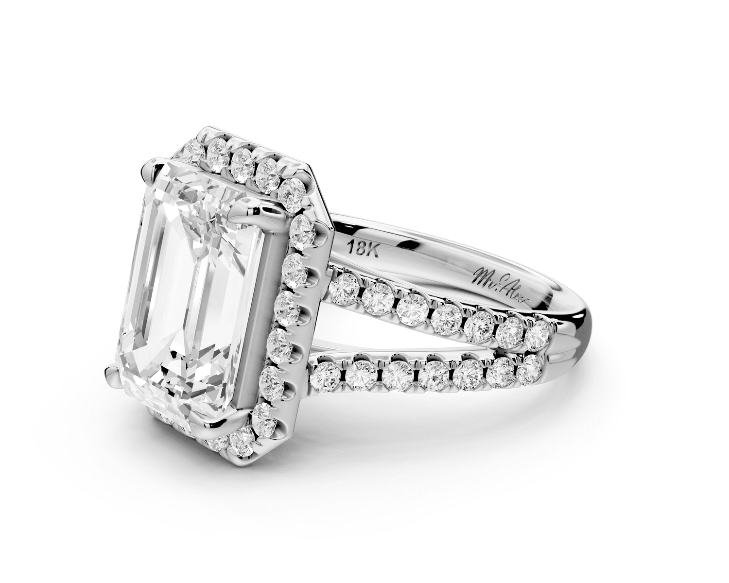Gabrielle - 4ct 18k white gold emerald Diamond Graduated Halo Pavé Split Shank Engagement Ring - Mr. Alex Jewelry